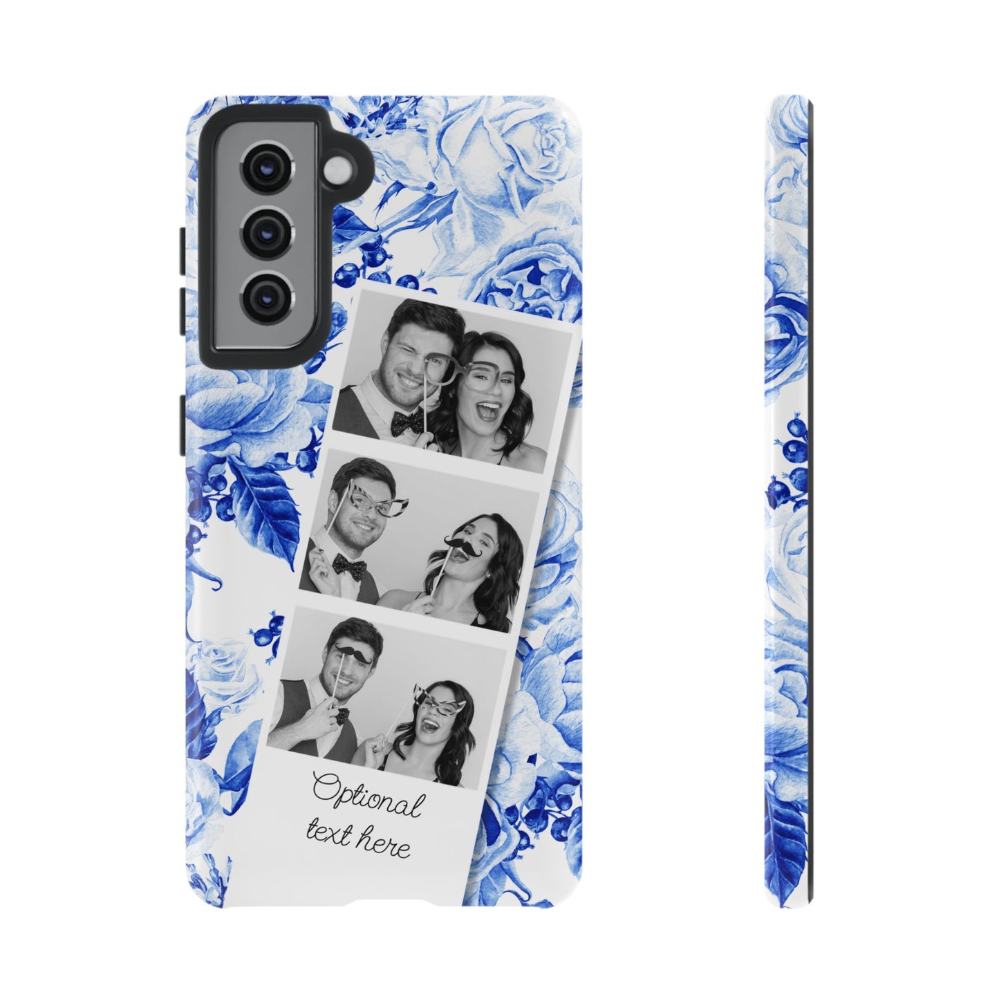 Three Photo Personalised Blue Floral Image Strip Custom Phone Case