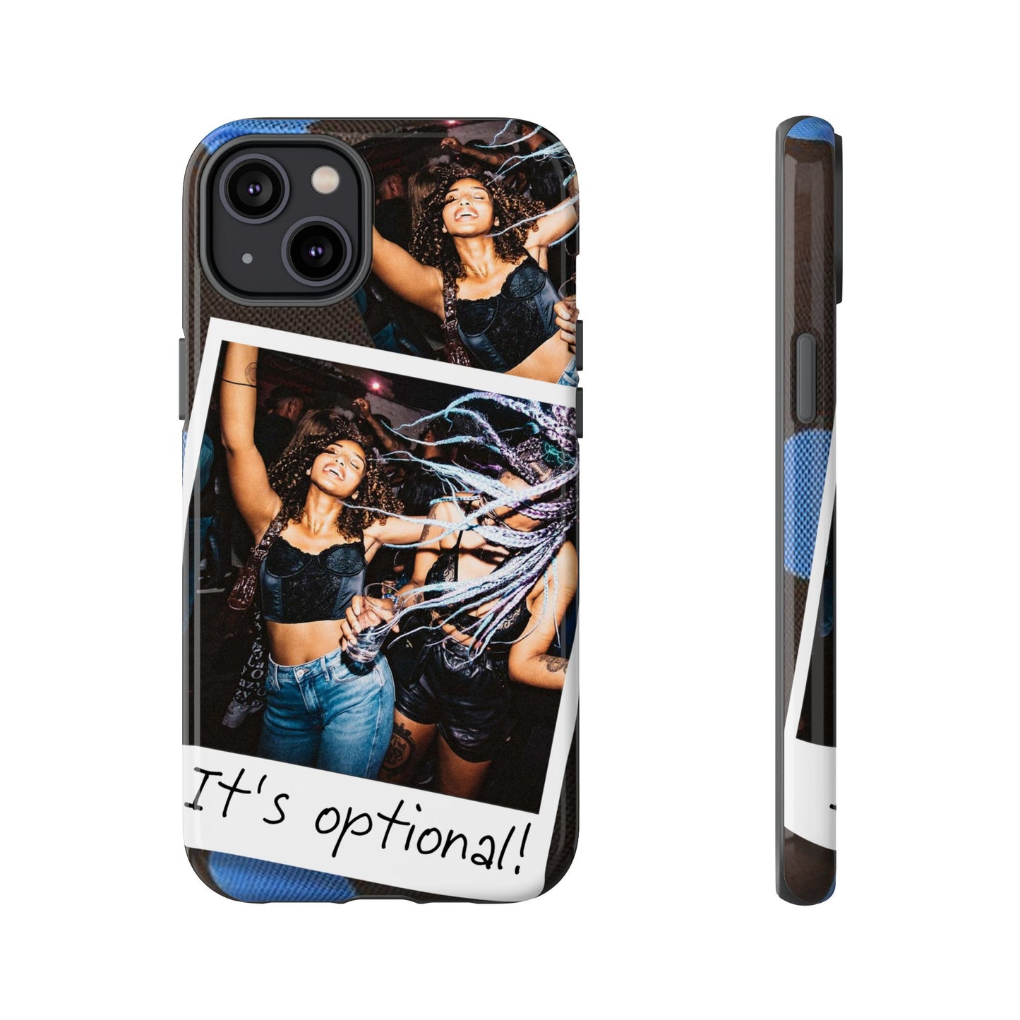 Two Image Personalised Polaroid Photo on Blue Polka Dot Protective Tough Case for Apple iPhone, Samsung Galaxy and Google Pixel.