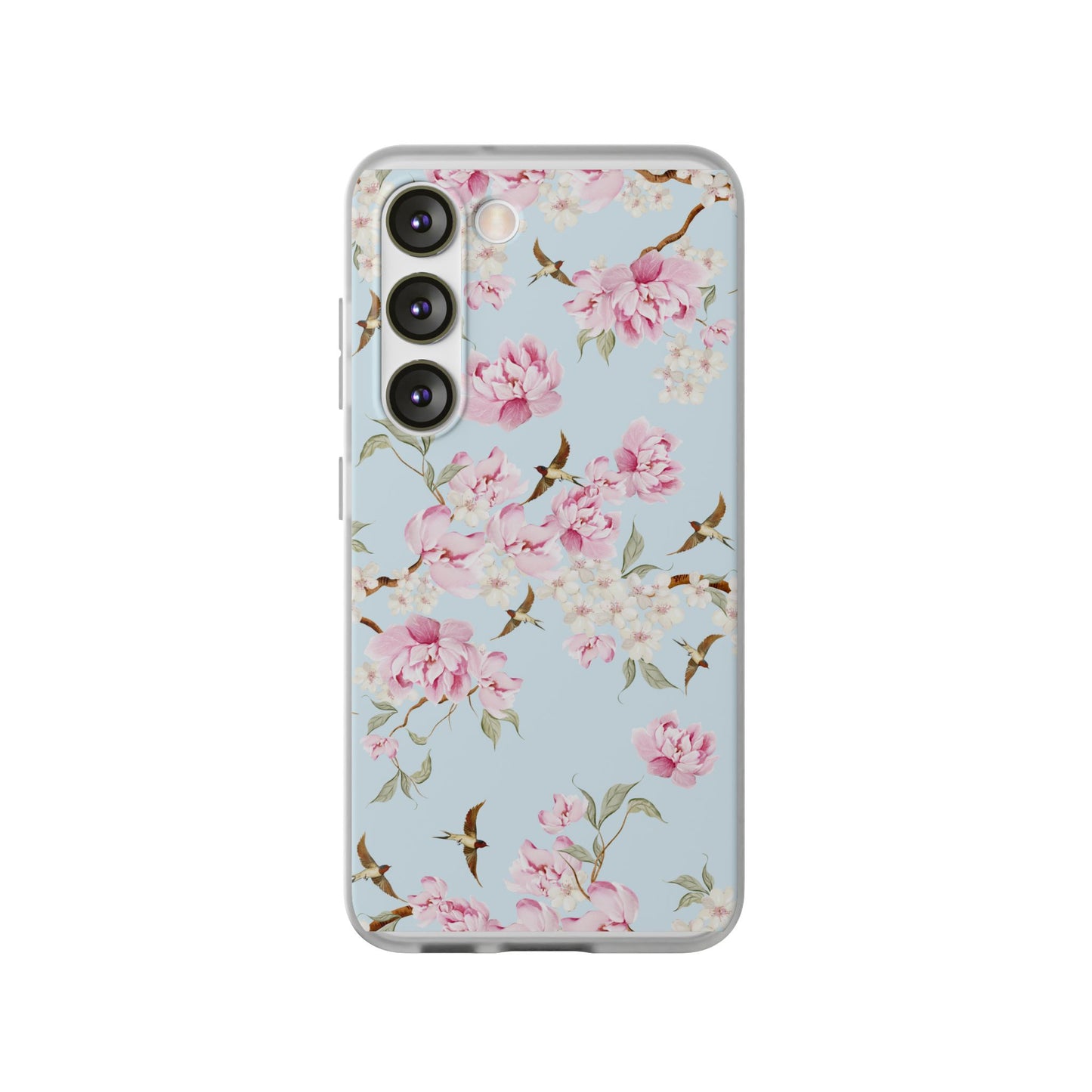 Floral Cherry Blossom Flexi Phone Case - Pink Blossoms on Sky Blue Flexible Case for Apple iPhone, Samsung Galaxy.