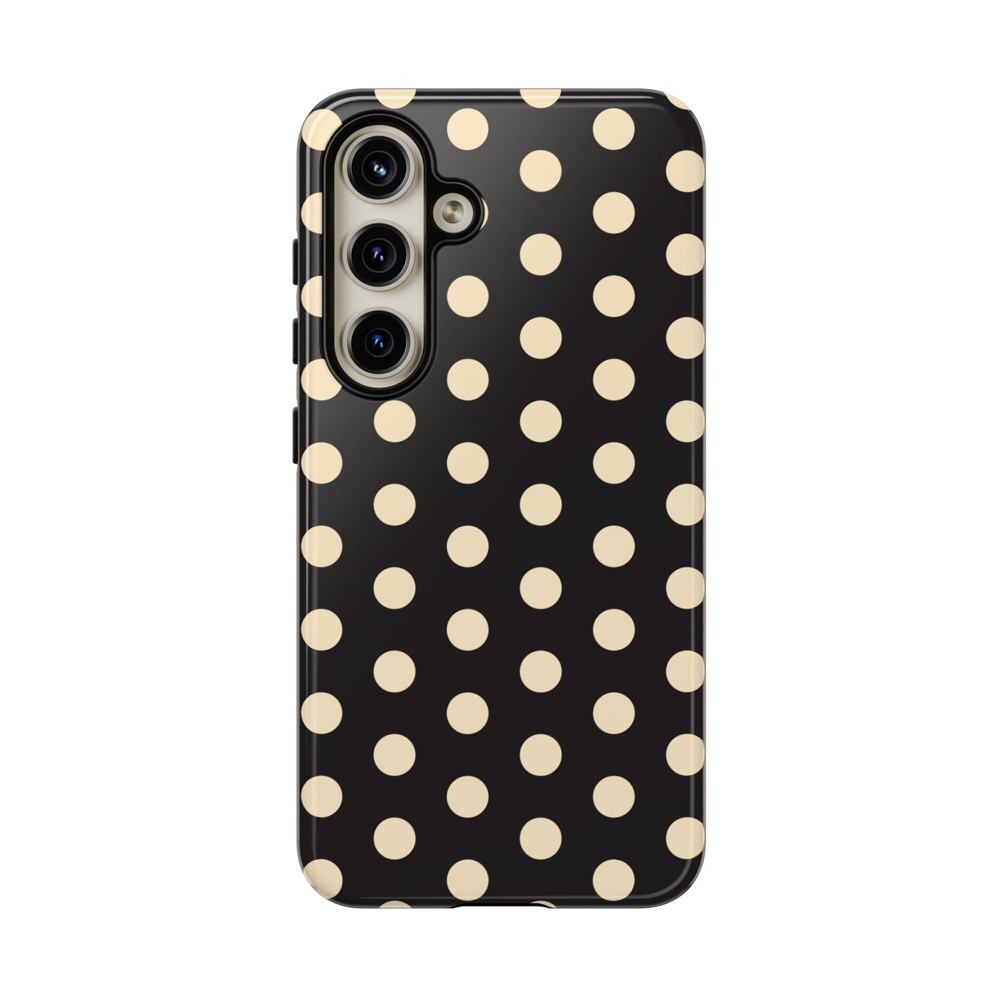 Polka Dot Tough Phone Case — Black with Cream Dots, Protective Slim Phone Cover