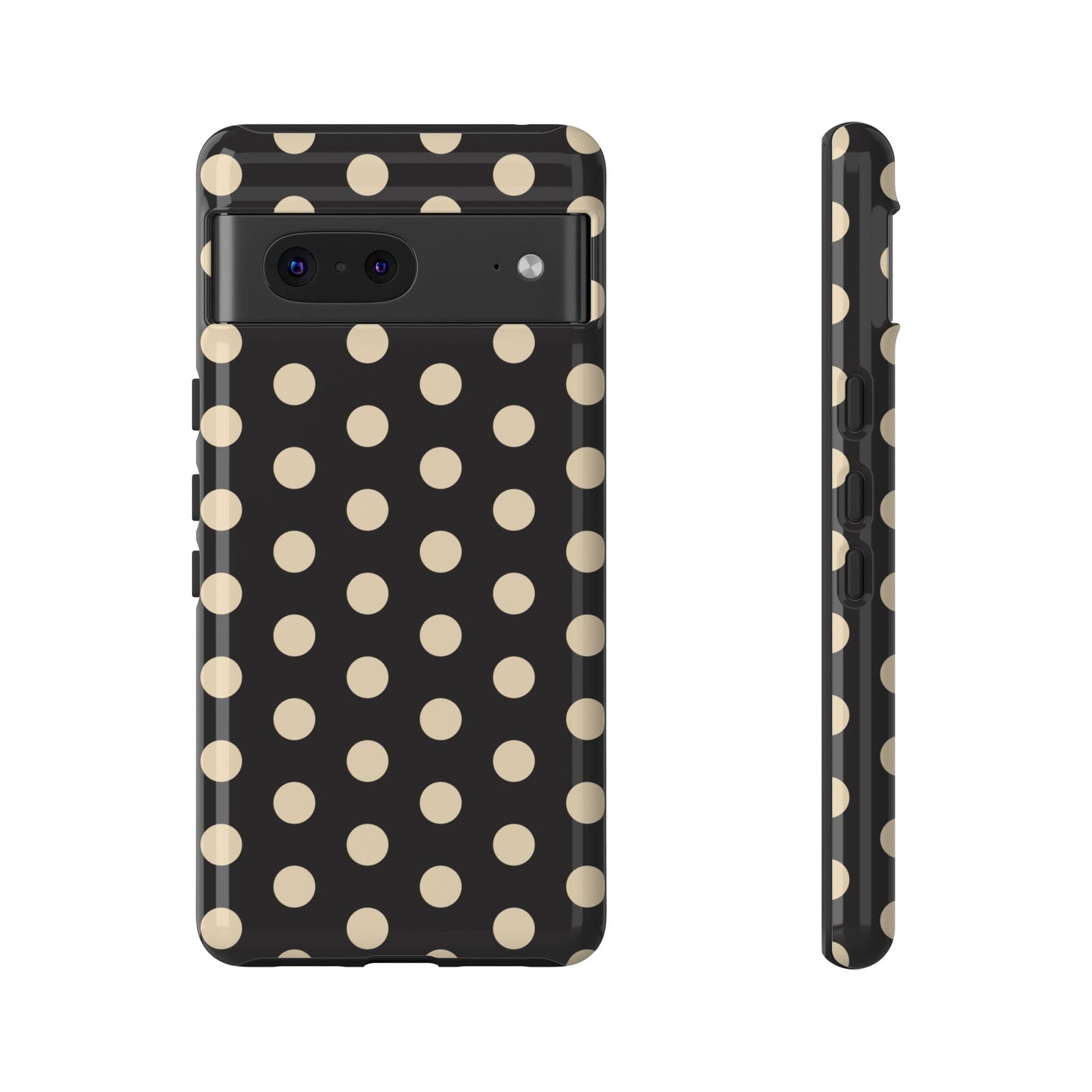 Polka Dot Tough Phone Case — Black with Cream Dots, Protective Slim Phone Cover