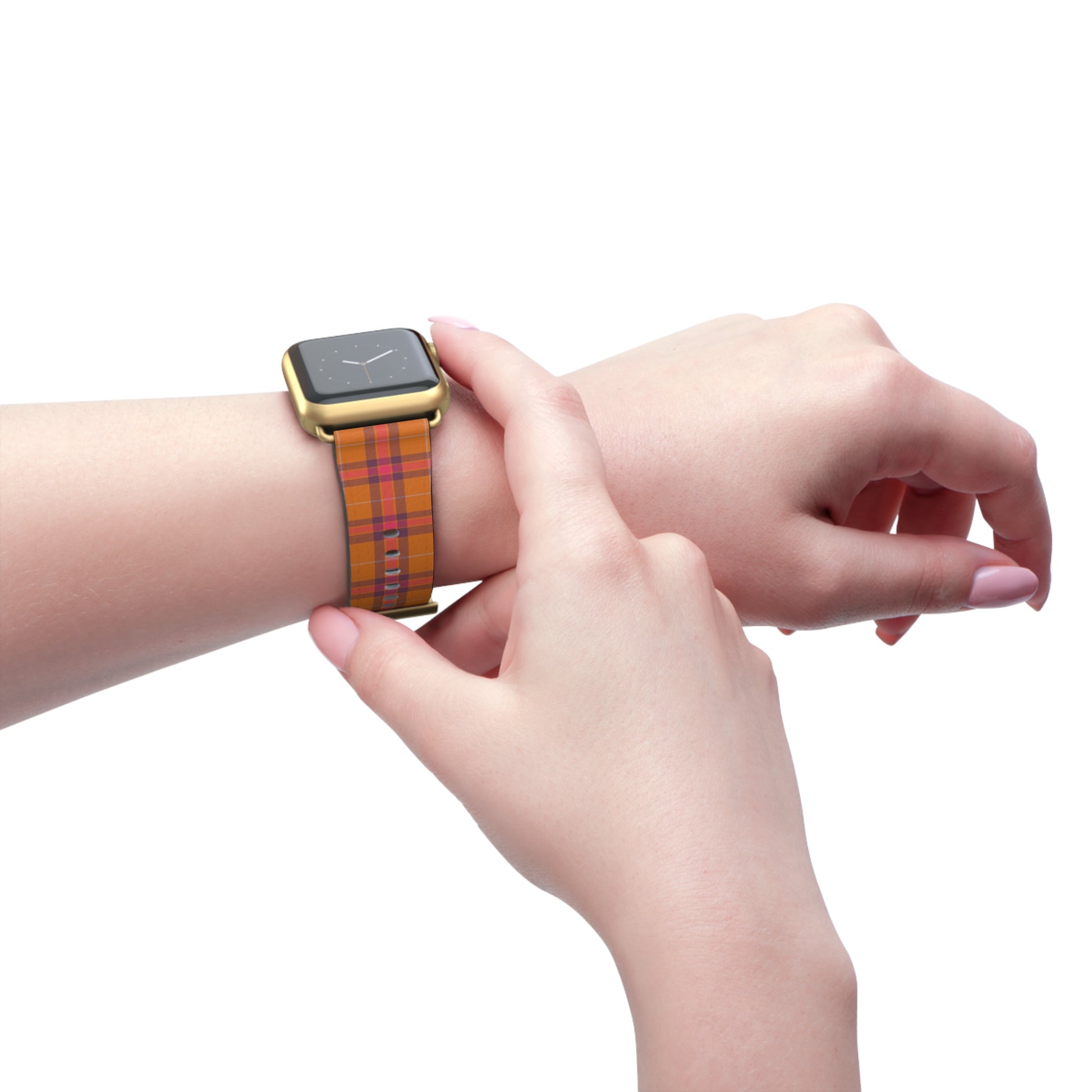 Orange plaid watch band for Apple Watch, autumn tartan strap, cozy accessory with stainless steel buckle, fall style