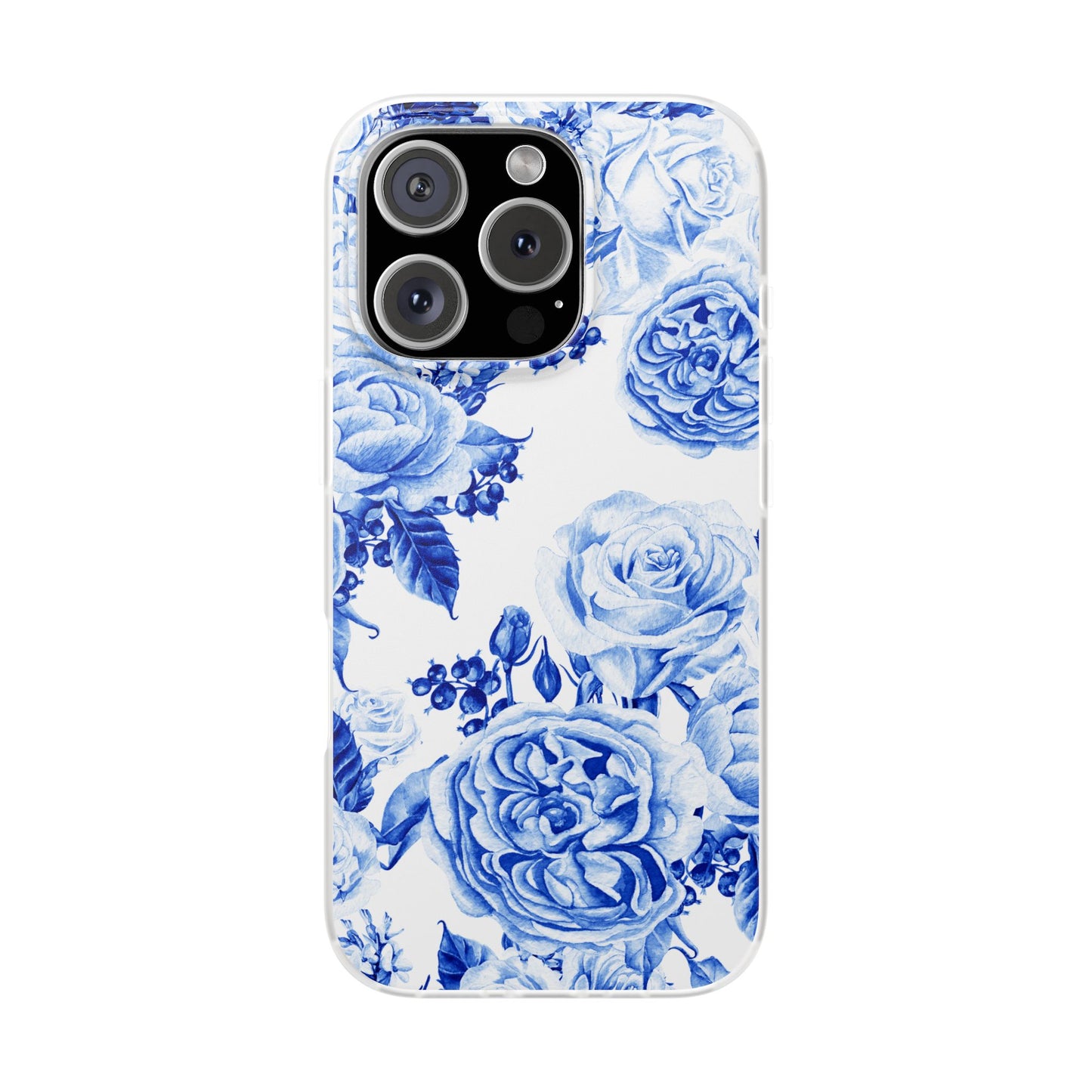 Blue Floral Phone Case — Hand-Painted Rose Pattern Flexi Case for Apple iPhone, Samsung Galaxy and Google Pixel.