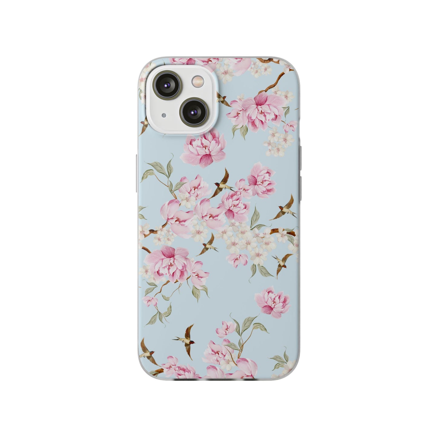 Floral Cherry Blossom Flexi Phone Case - Pink Blossoms on Sky Blue Flexible Case for Apple iPhone, Samsung Galaxy.