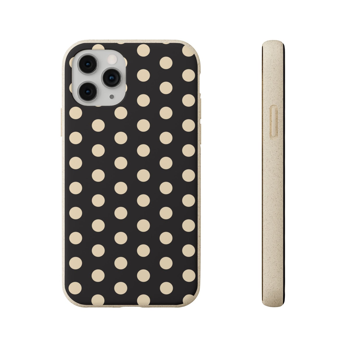 Eco-Friendly Black & Cream Polka Dot Pattern Biodegradable Phone Case for Apple iPhone and Samsung Galaxy.
