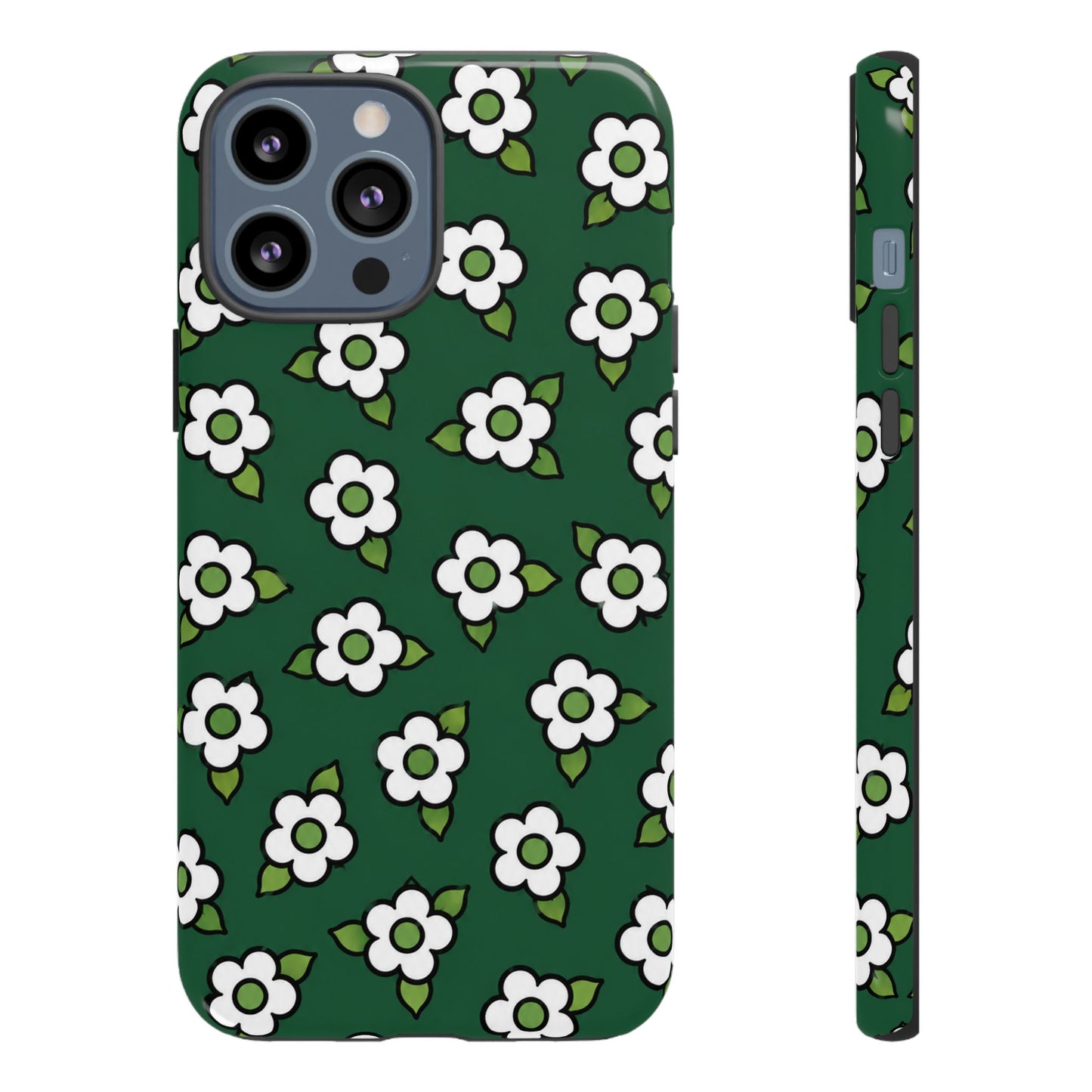 Floral Tough Case — Green White Daisy Protective Phone Cover