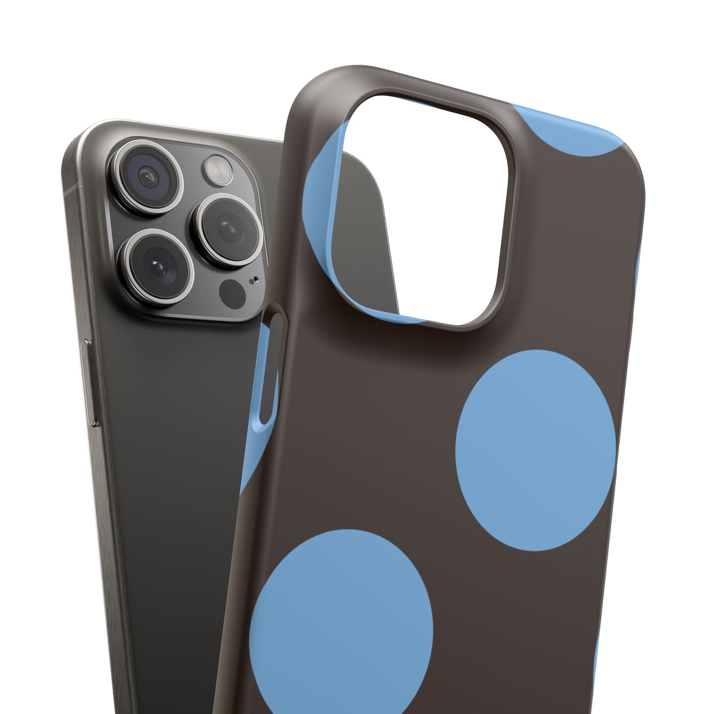 Matte Black with Large Sky Blue Polka Dots Slim Phone Case for Apple iPhone, Samsung Galaxy and Google Pixel.