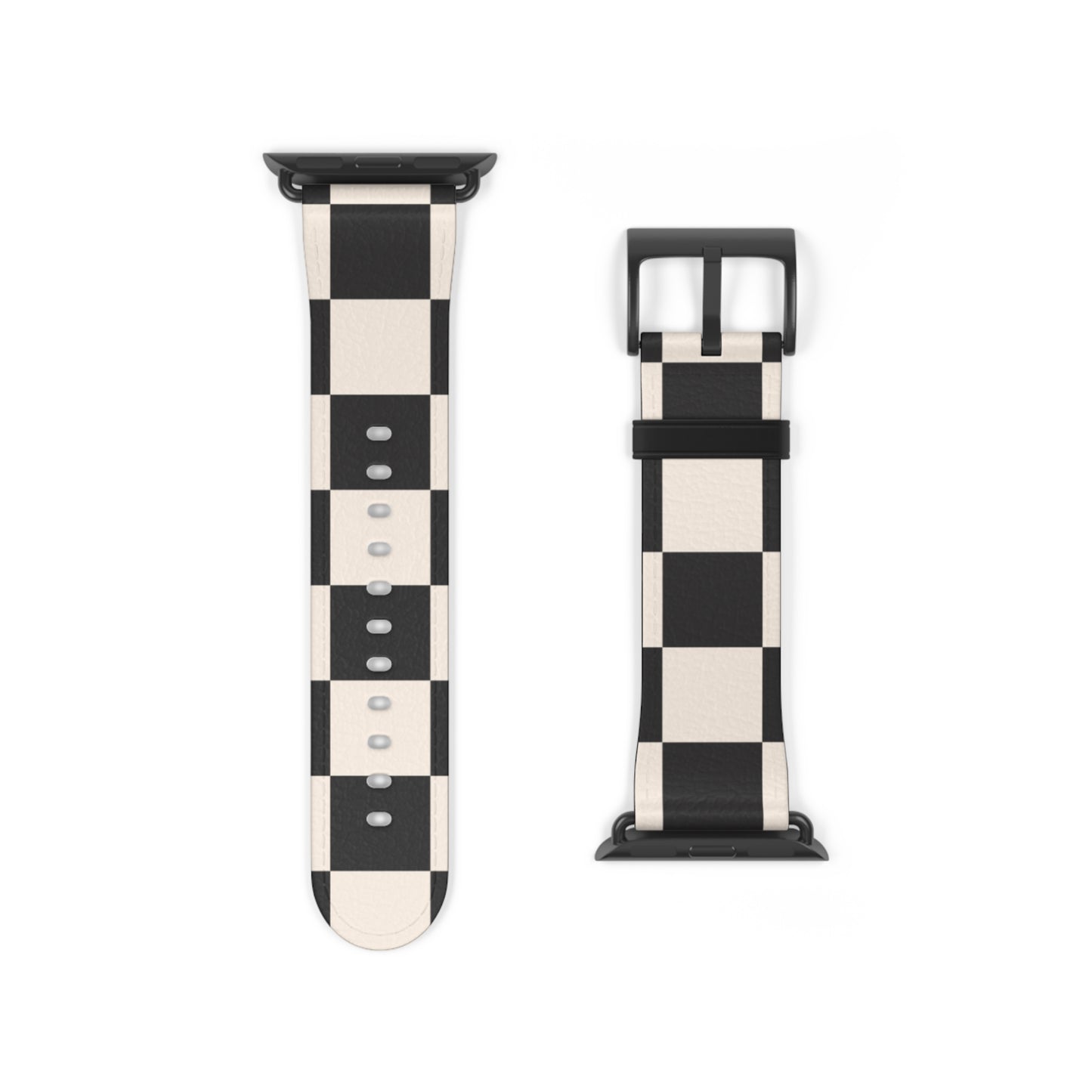 Apple Watch band in black and ivory chequered faux-leather, classic accessory for men and women, stainless steel buckle