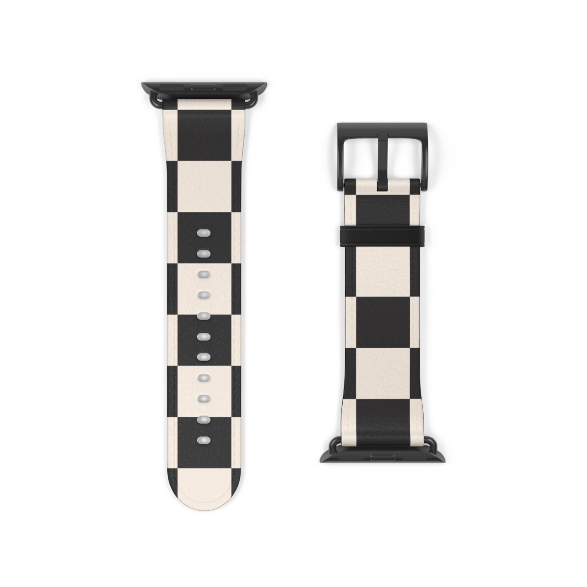 Apple Watch band in black and ivory chequered faux-leather, classic accessory for men and women, stainless steel buckle