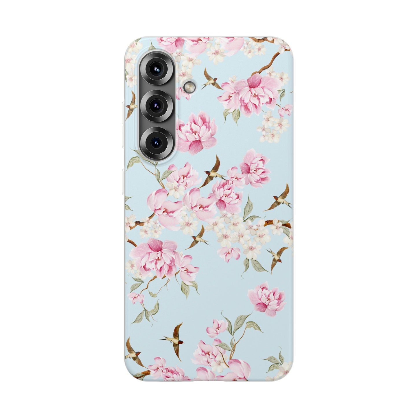 Floral Cherry Blossom Flexi Phone Case - Pink Blossoms on Sky Blue Flexible Case for Apple iPhone, Samsung Galaxy.