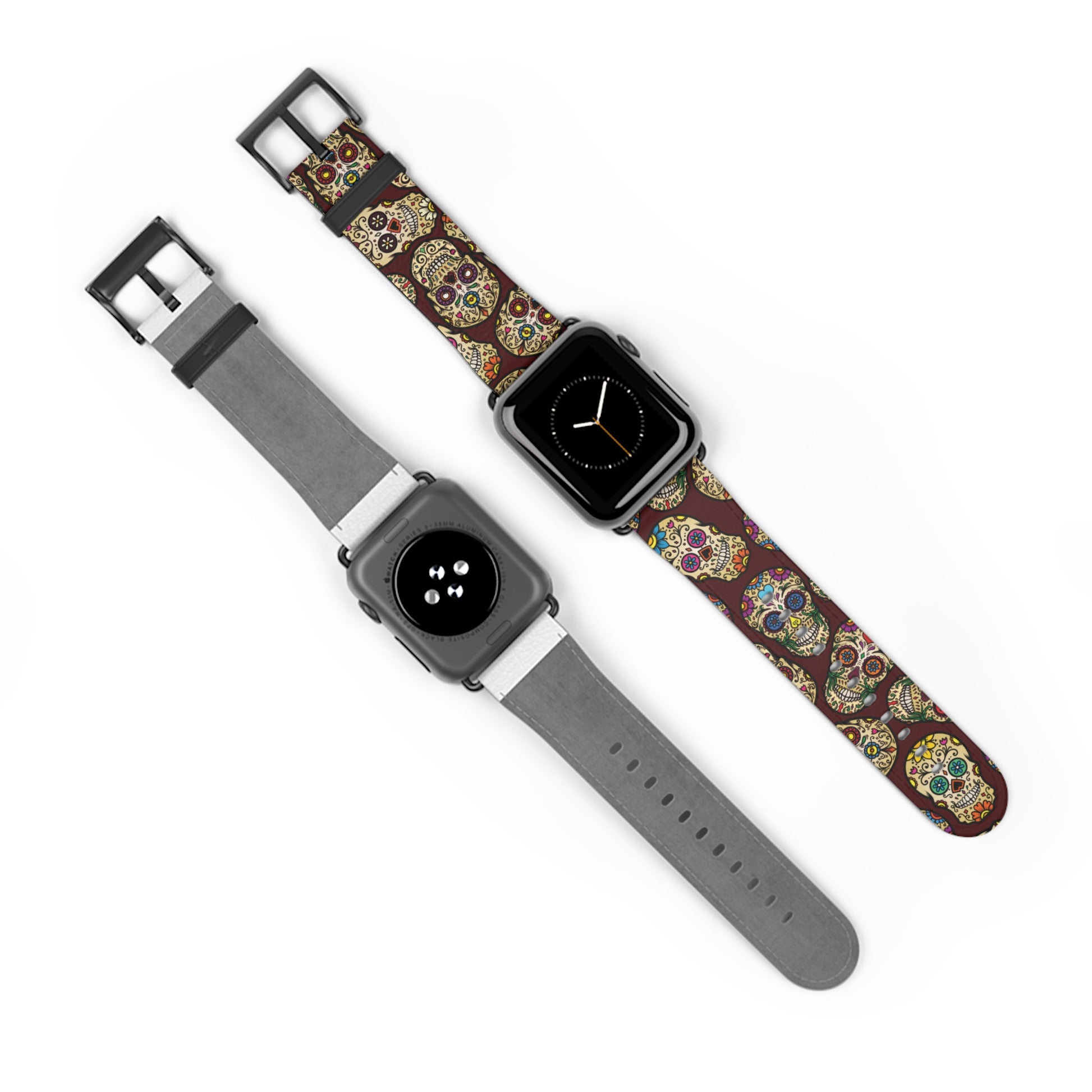 Sugar Skulls Apple Watch band with dark modern gothic design, colorful accessory for casual and formal wear
