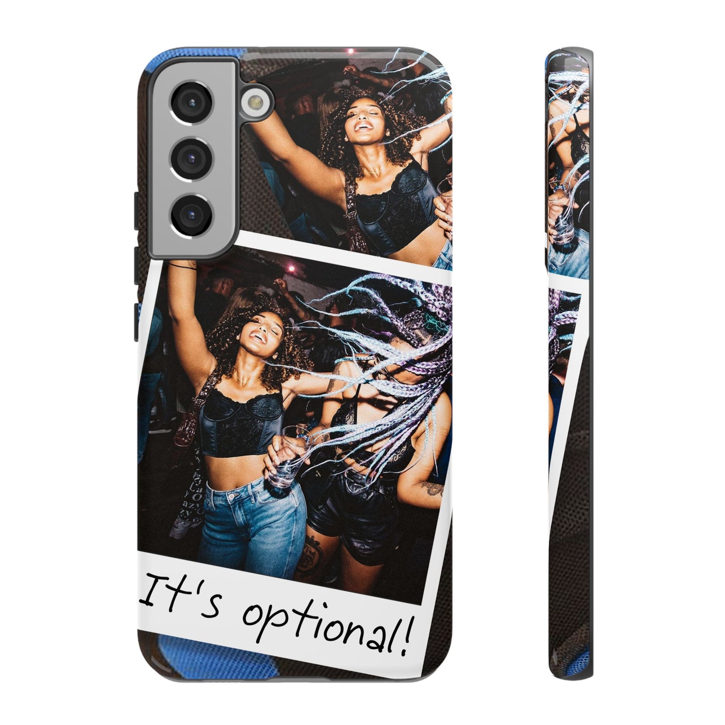 Two Image Personalised Polaroid Photo on Blue Polka Dot Protective Tough Case for Apple iPhone, Samsung Galaxy and Google Pixel.