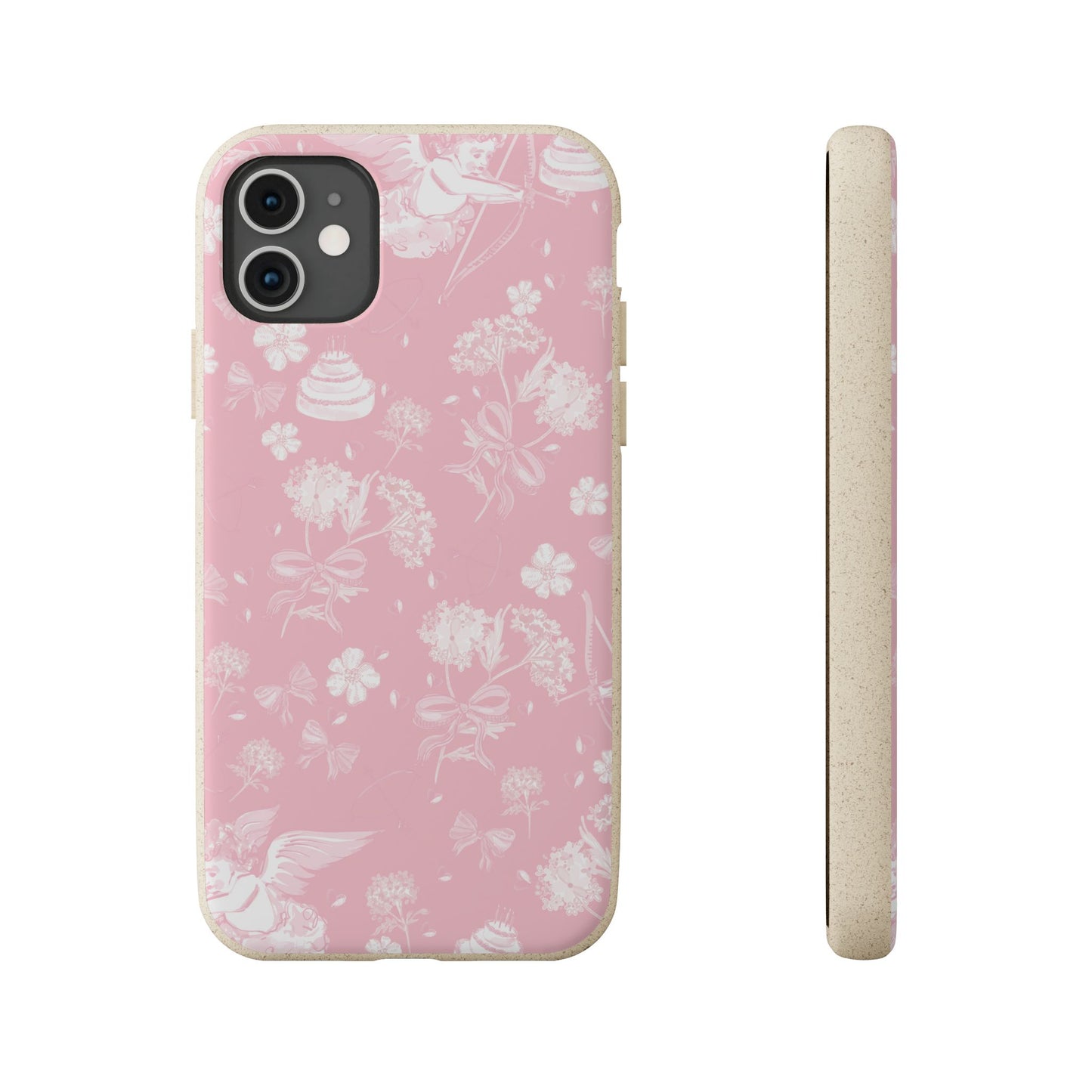 Pink Floral Cherub Biodegradable Phone Case for Apple iPhone and Samsung Galaxy.