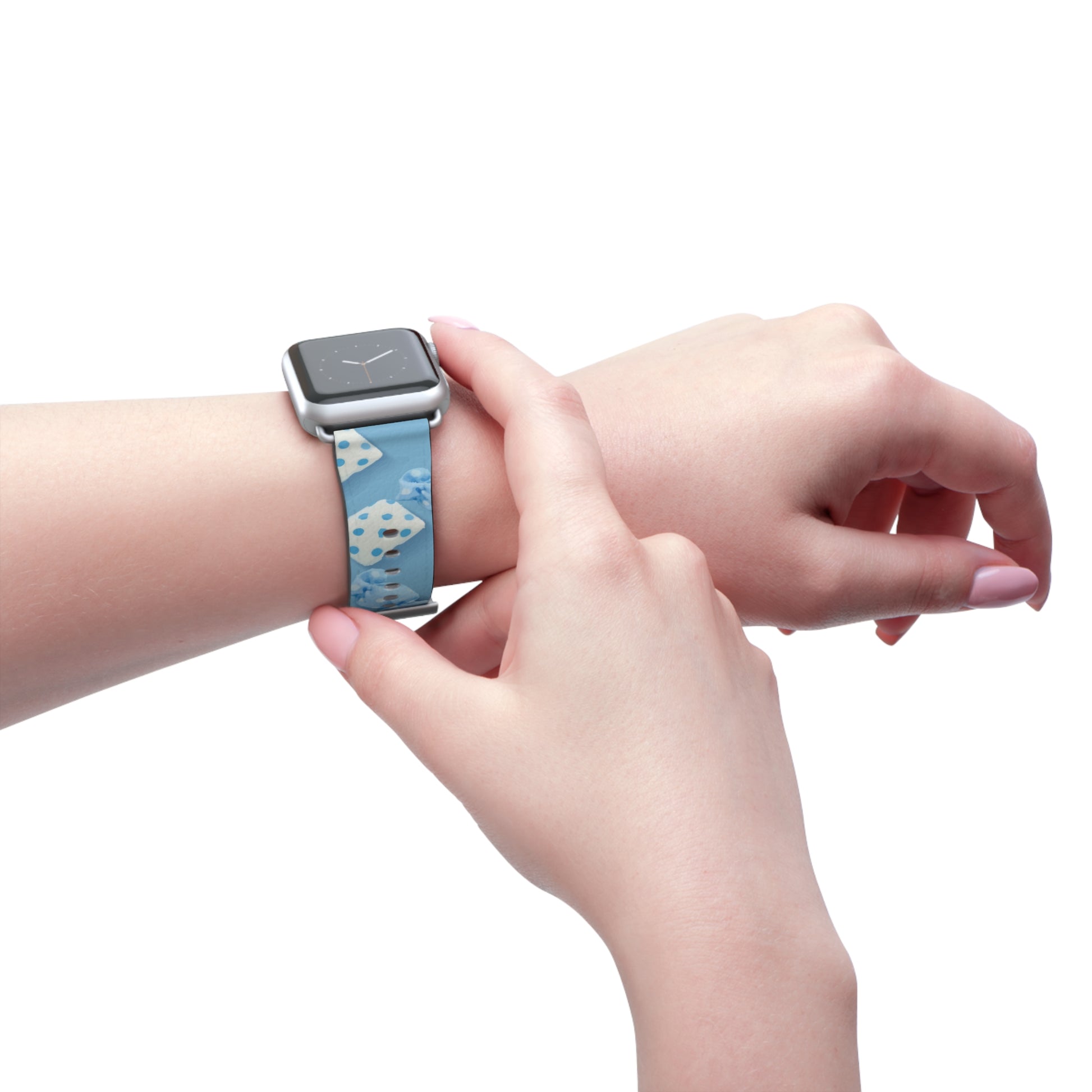 Apple Watch strap in pastel blue candy style, colorful accessory for everyday wear, faux-leather band with steel buckle