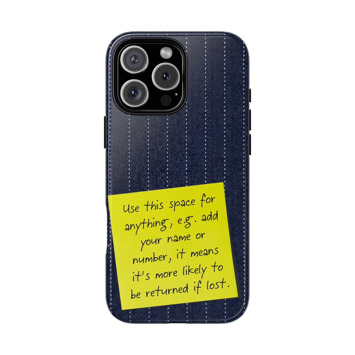 Navy Pinstripe Design with Yellow Sticky Note Personalised Tough Phone Case for Apple iPhone, Samsung Galaxy and Google Pixel.