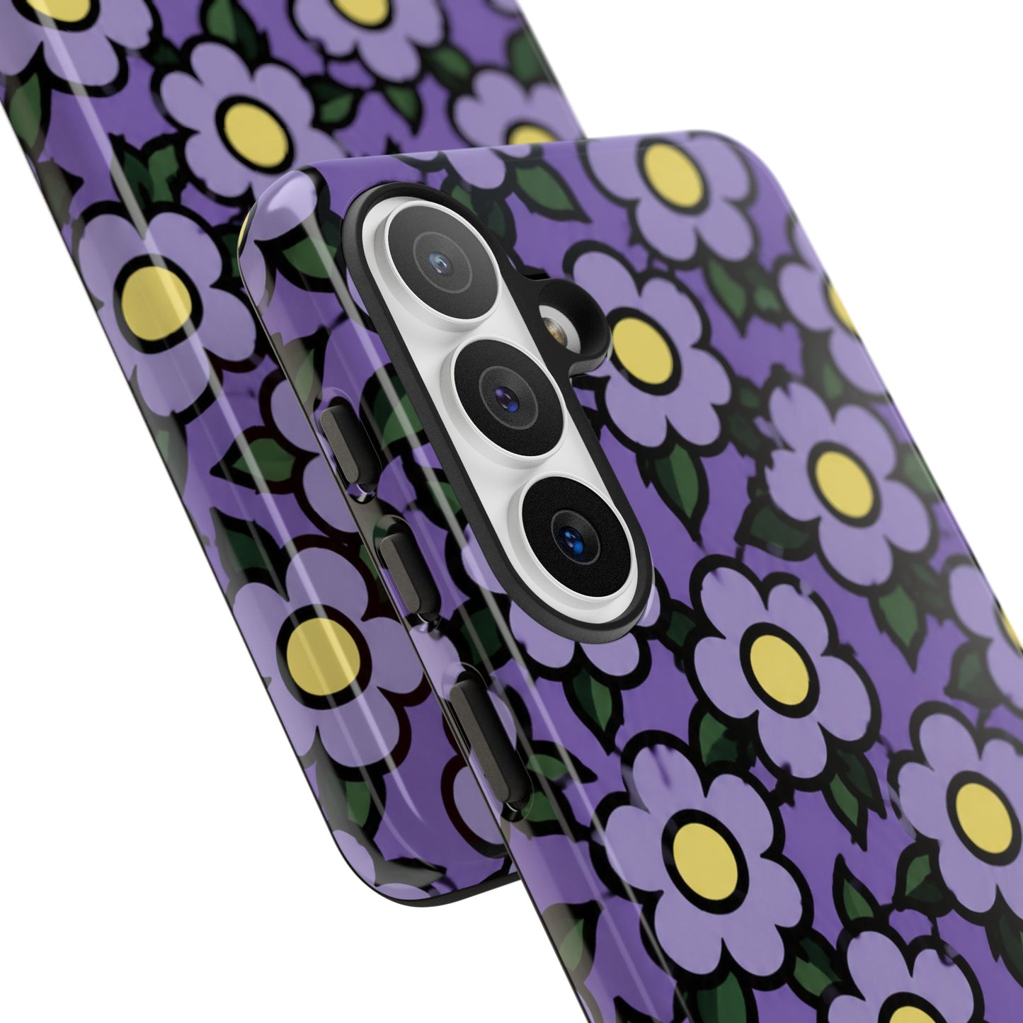 Purple Floral Tough Phone Case — Durable Protective Phone Cover with Cute Daisy Pattern