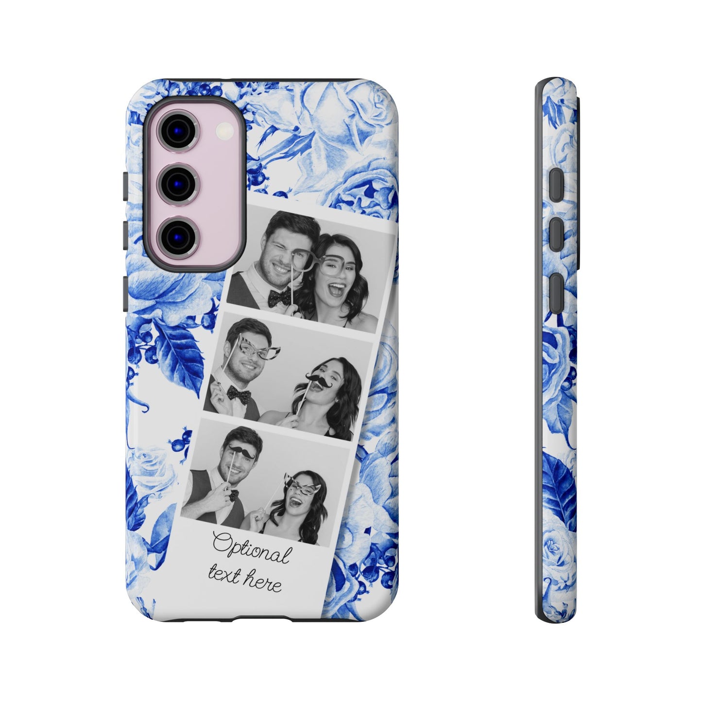 Three Photo Personalised Blue Floral Image Strip Custom Phone Case