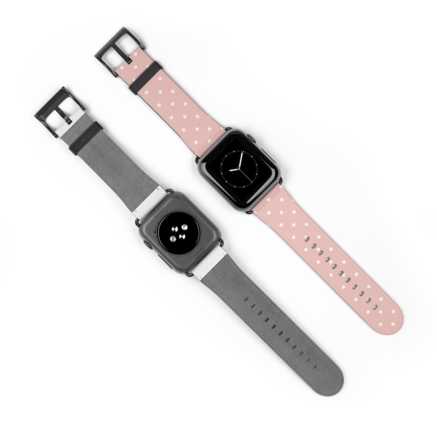 Apple Watch band in soft pink with white polka dots, cute watch band for women, floral-inspired silicone strap