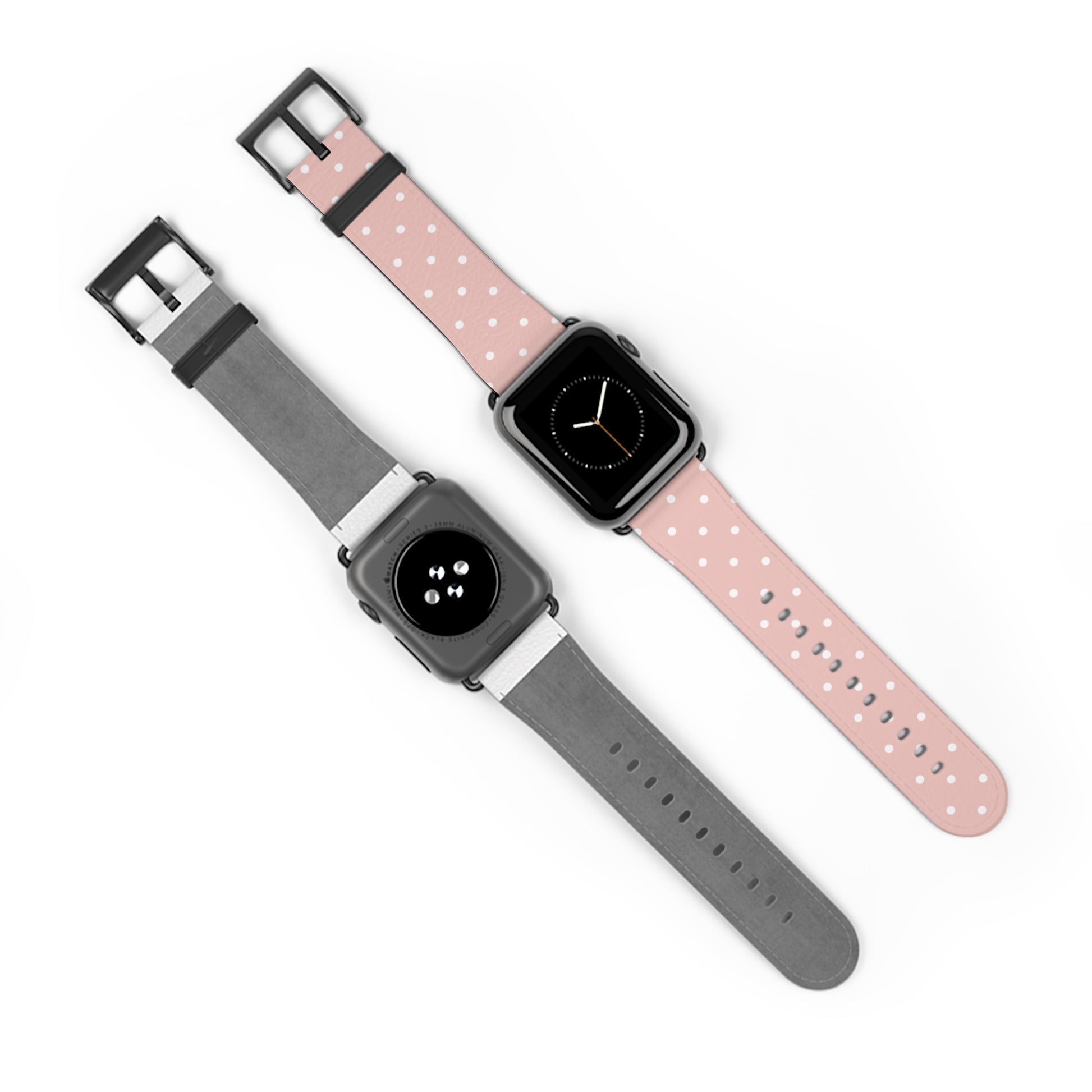 Apple Watch band in soft pink with white polka dots, cute watch band for women, floral-inspired silicone strap