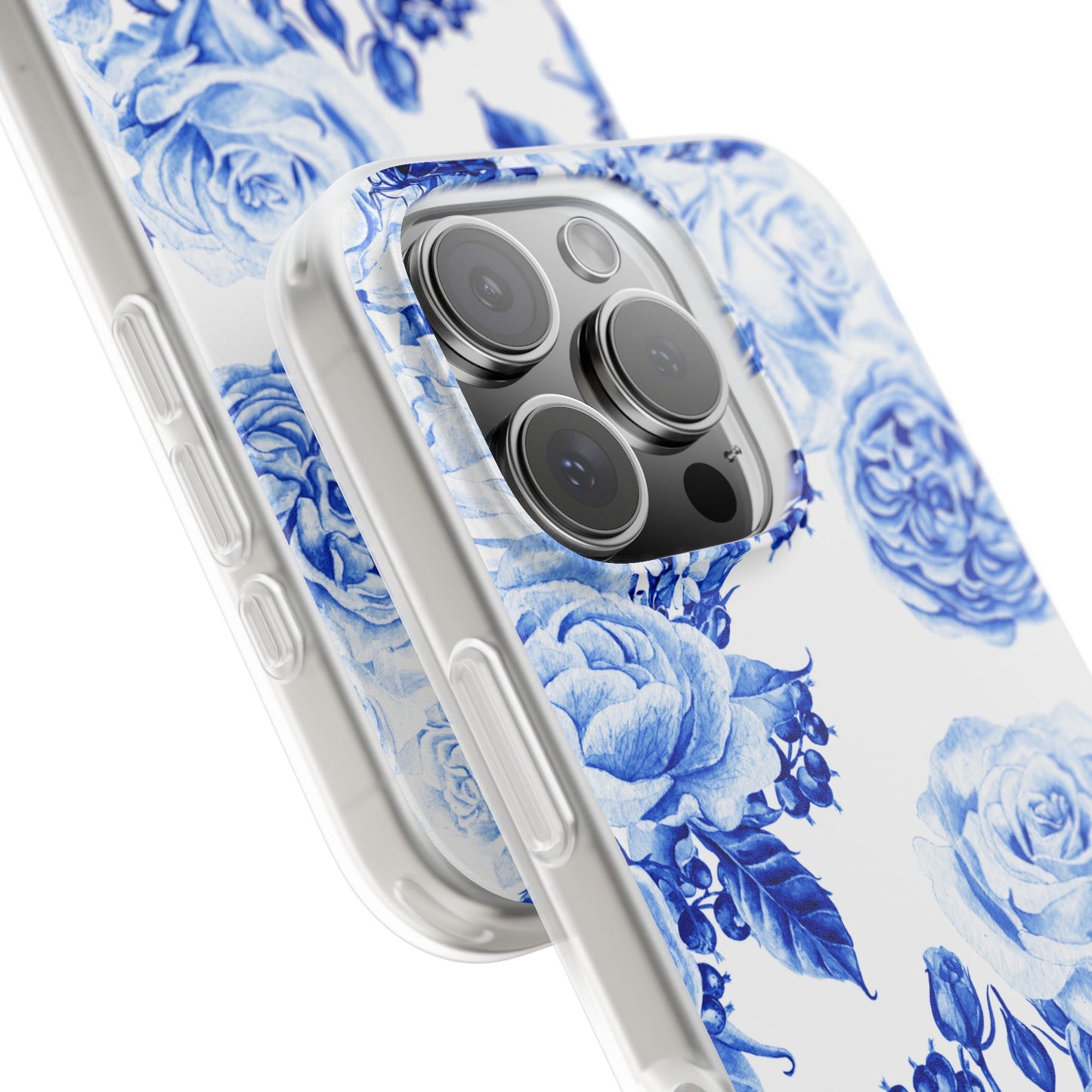 Blue Floral Phone Case — Hand-Painted Rose Pattern Flexi Case for Apple iPhone, Samsung Galaxy and Google Pixel.