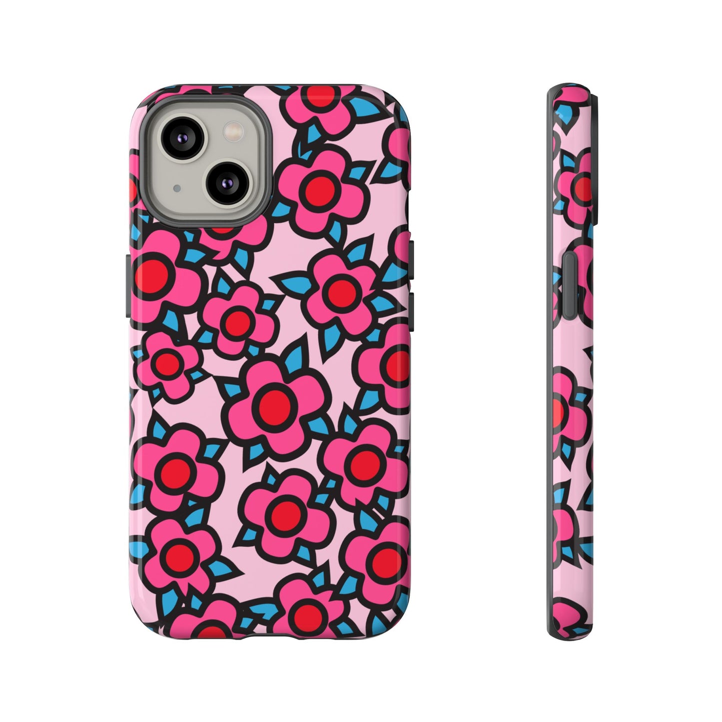 Floral Pink Tough Phone Case — Retro Red & Teal Flower Pattern