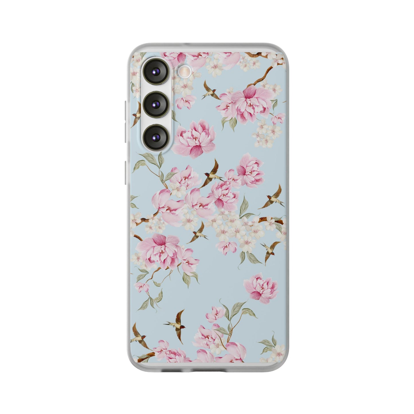 Floral Cherry Blossom Flexi Phone Case - Pink Blossoms on Sky Blue Flexible Case for Apple iPhone, Samsung Galaxy.
