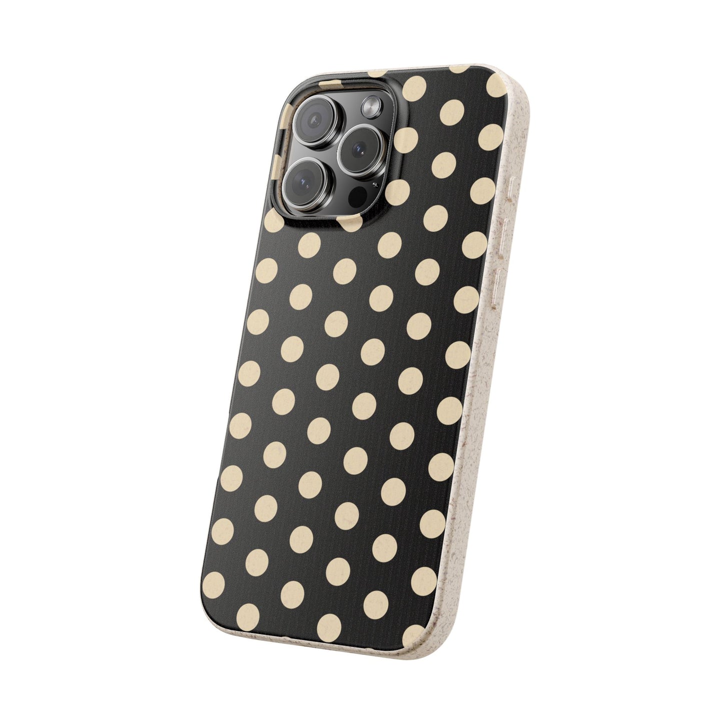 Eco-Friendly Black & Cream Polka Dot Pattern Biodegradable Phone Case for Apple iPhone and Samsung Galaxy.