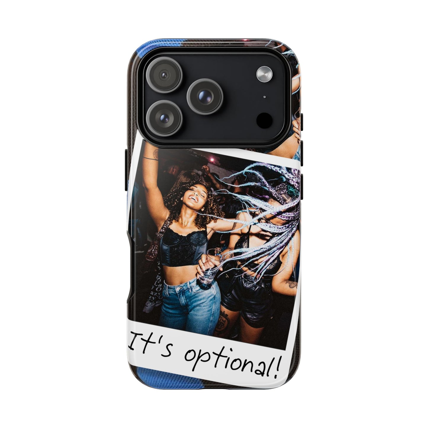 Two Image Personalised Polaroid Photo on Blue Polka Dot Protective Tough Case for Apple iPhone, Samsung Galaxy and Google Pixel.
