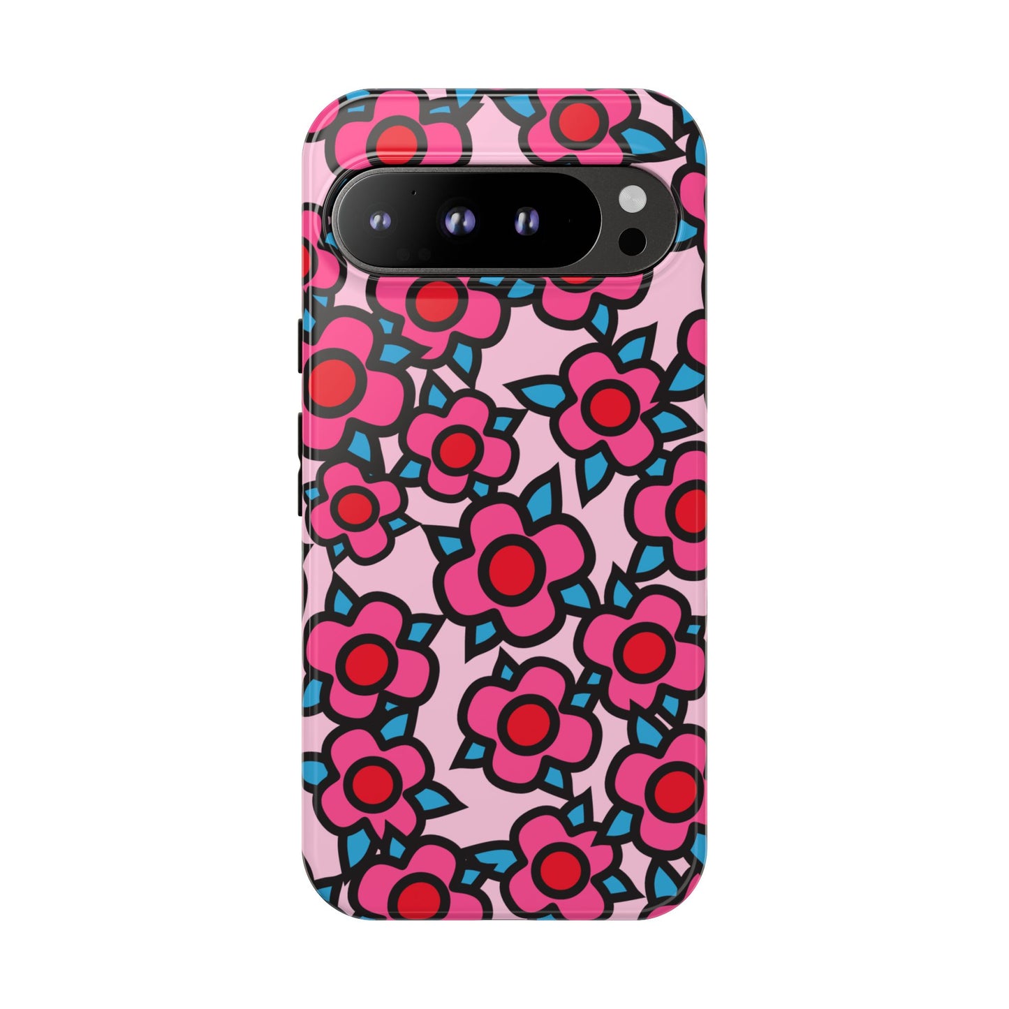 Floral Pink Tough Phone Case — Retro Red & Teal Flower Pattern