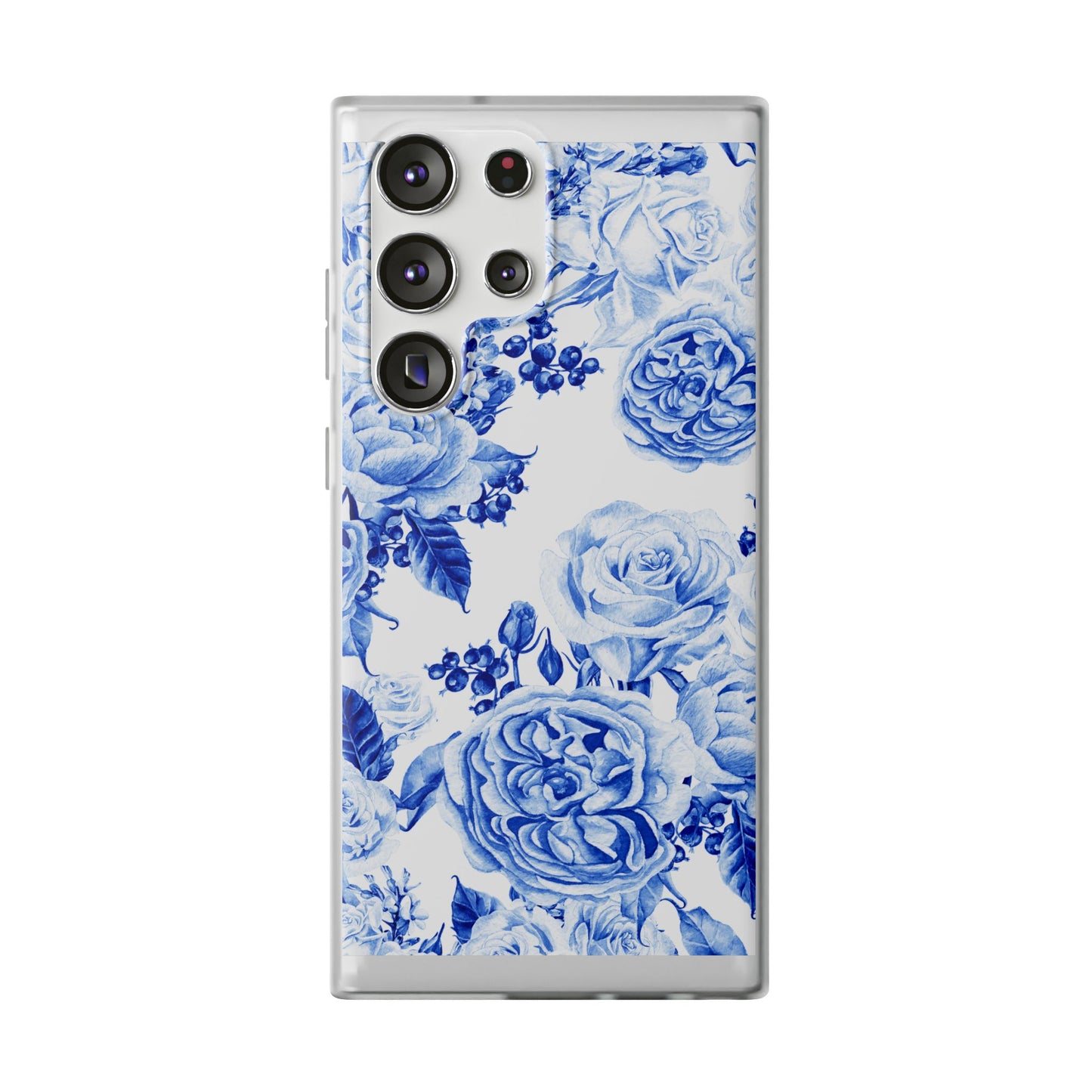 Blue Floral Phone Case — Hand-Painted Rose Pattern Flexi Case for Apple iPhone, Samsung Galaxy and Google Pixel.