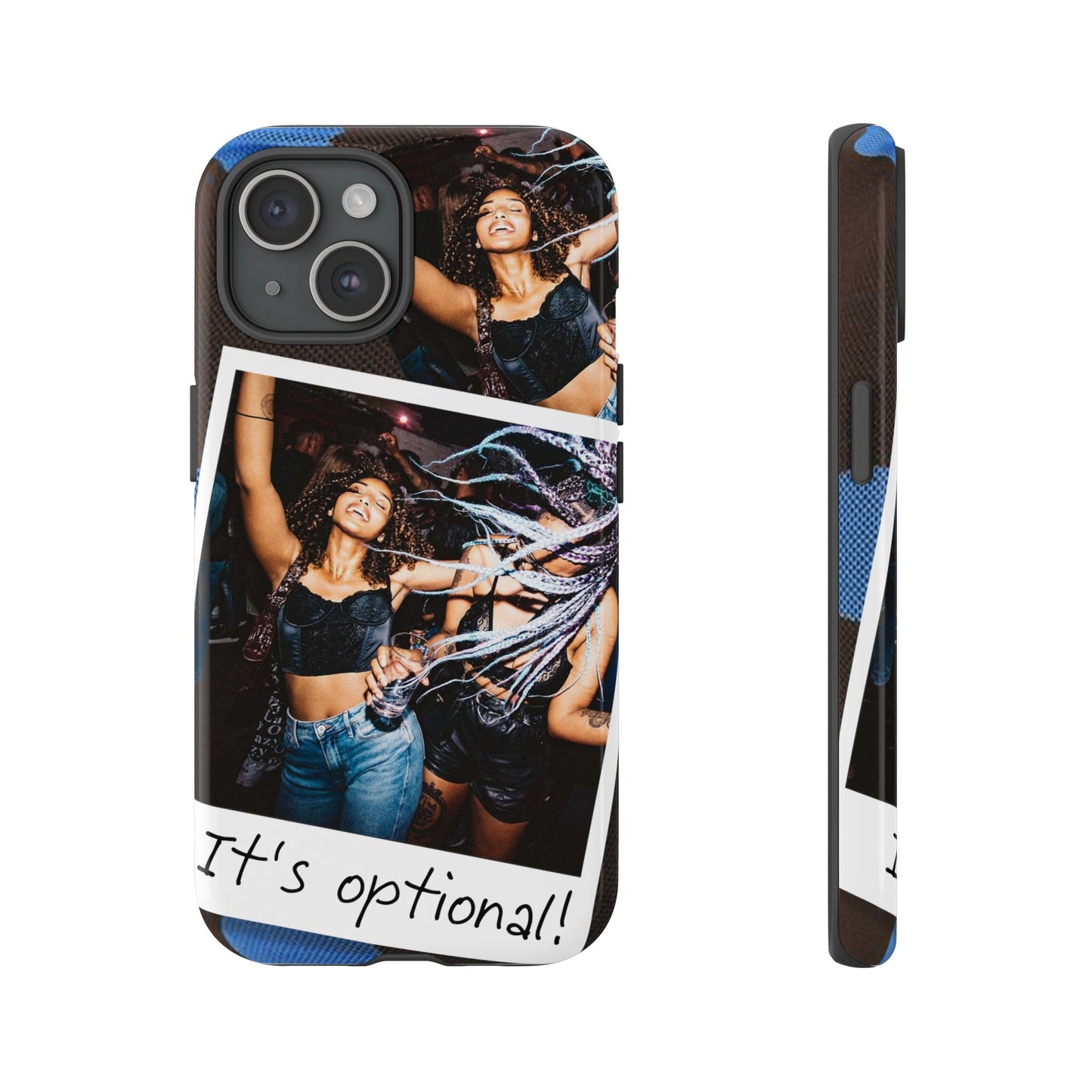 Two Image Personalised Polaroid Photo on Blue Polka Dot Protective Tough Case for Apple iPhone, Samsung Galaxy and Google Pixel.