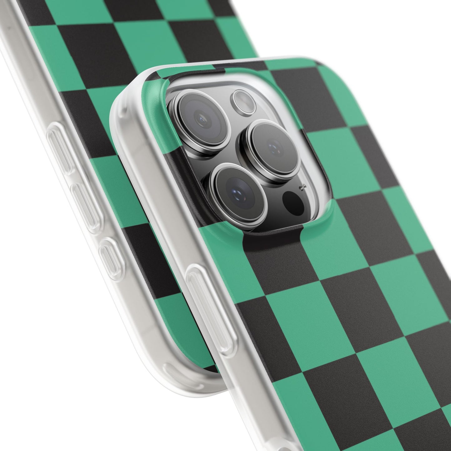 Tanjiro Checkerboard Green and Black Flexi Phone Case for Apple iPhone and Samsung Galaxy.
