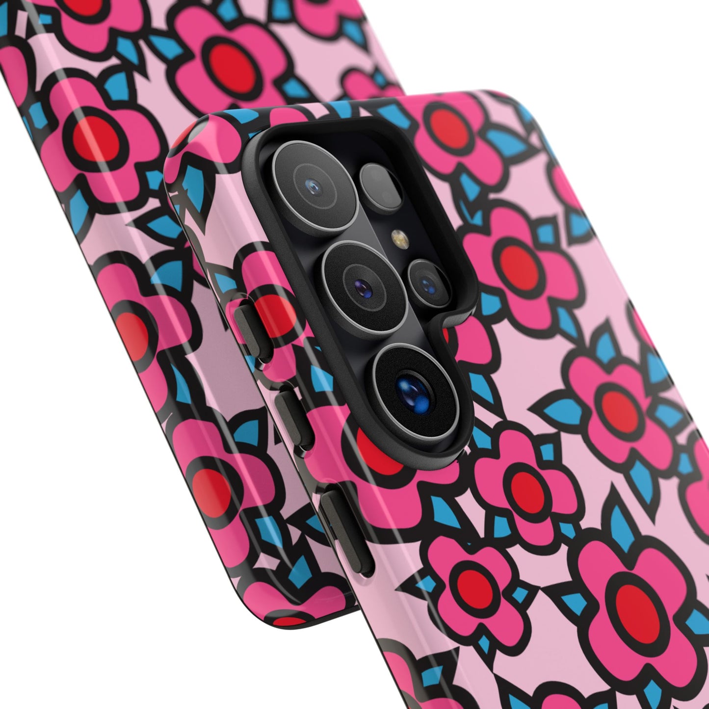Floral Pink Tough Phone Case — Retro Red & Teal Flower Pattern