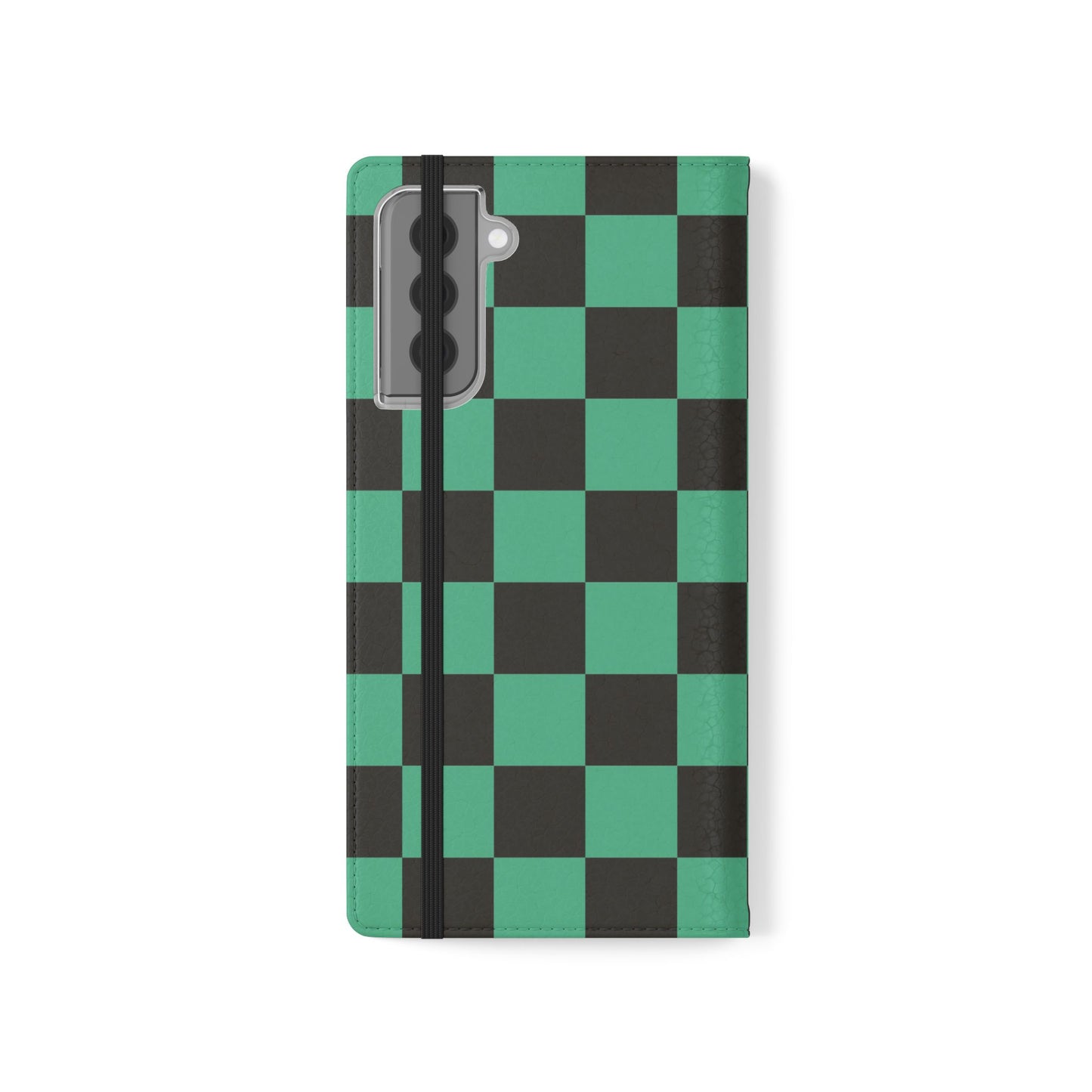 Tanjiro Chequered Flip Phone Case — Black and Green Chequered Wallet Cover