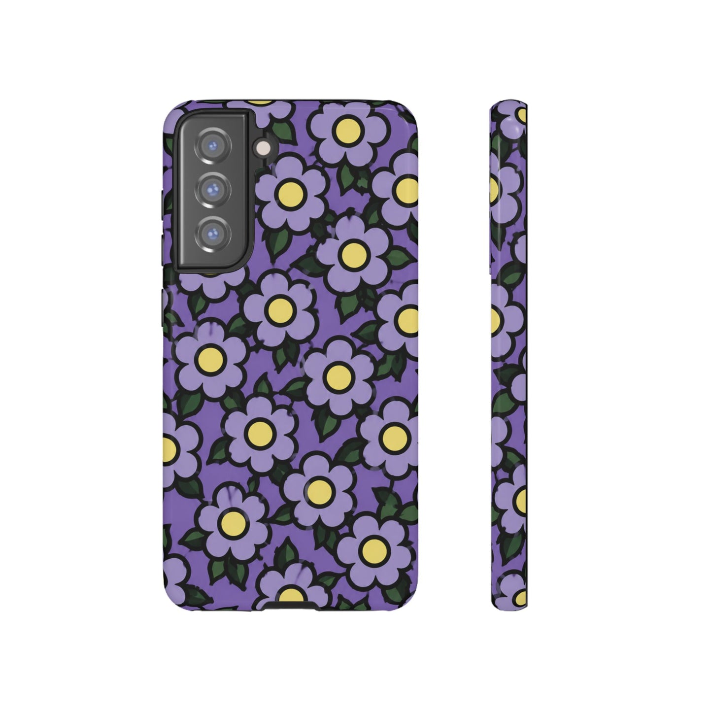 Purple Floral Tough Phone Case — Durable Protective Phone Cover with Cute Daisy Pattern