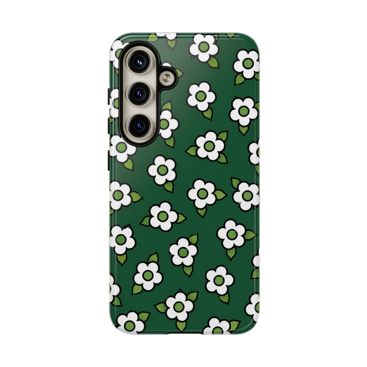 Floral Tough Case — Green White Daisy Protective Phone Cover