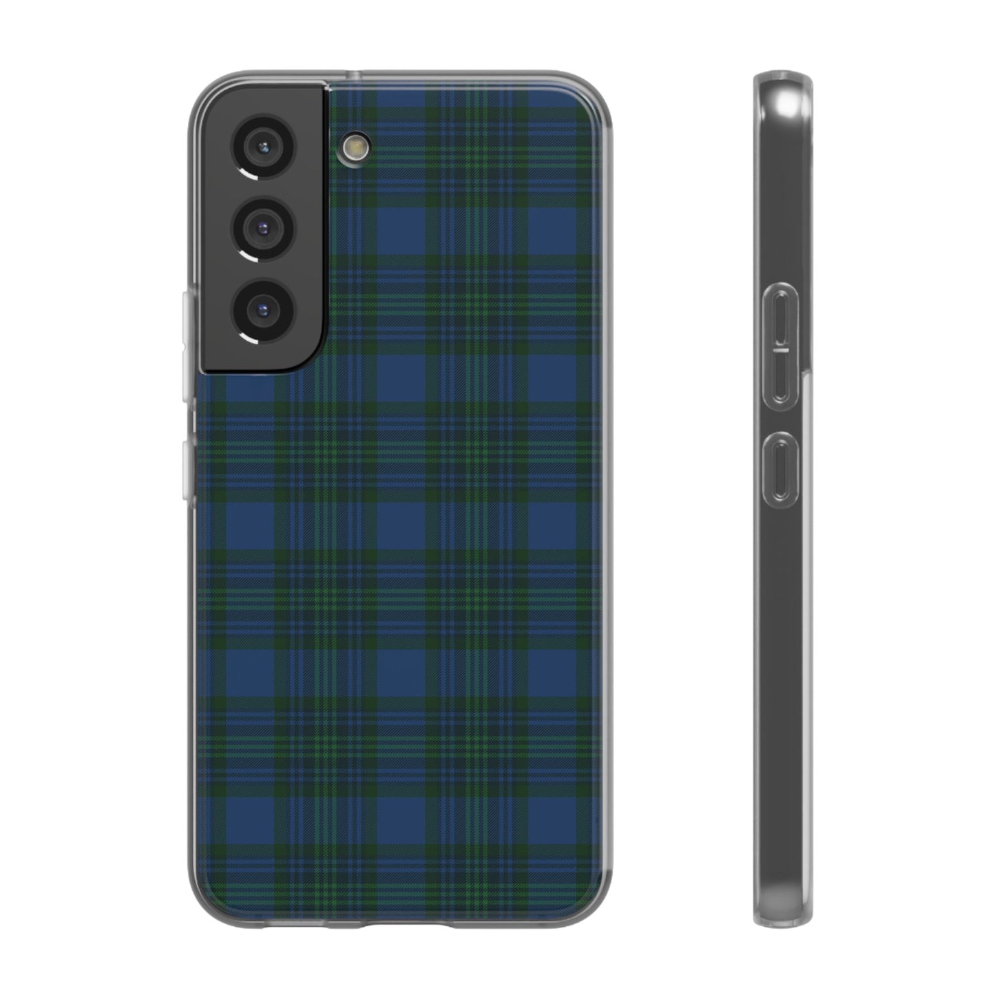 Navy green tartan phone case with flexible plaid design, slim shock-absorbing TPU, semi-transparent matte finish