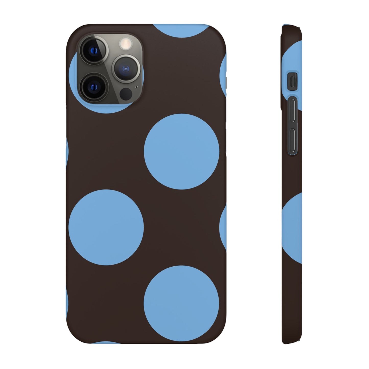 Matte Black with Large Sky Blue Polka Dots Slim Phone Case for Apple iPhone, Samsung Galaxy and Google Pixel.