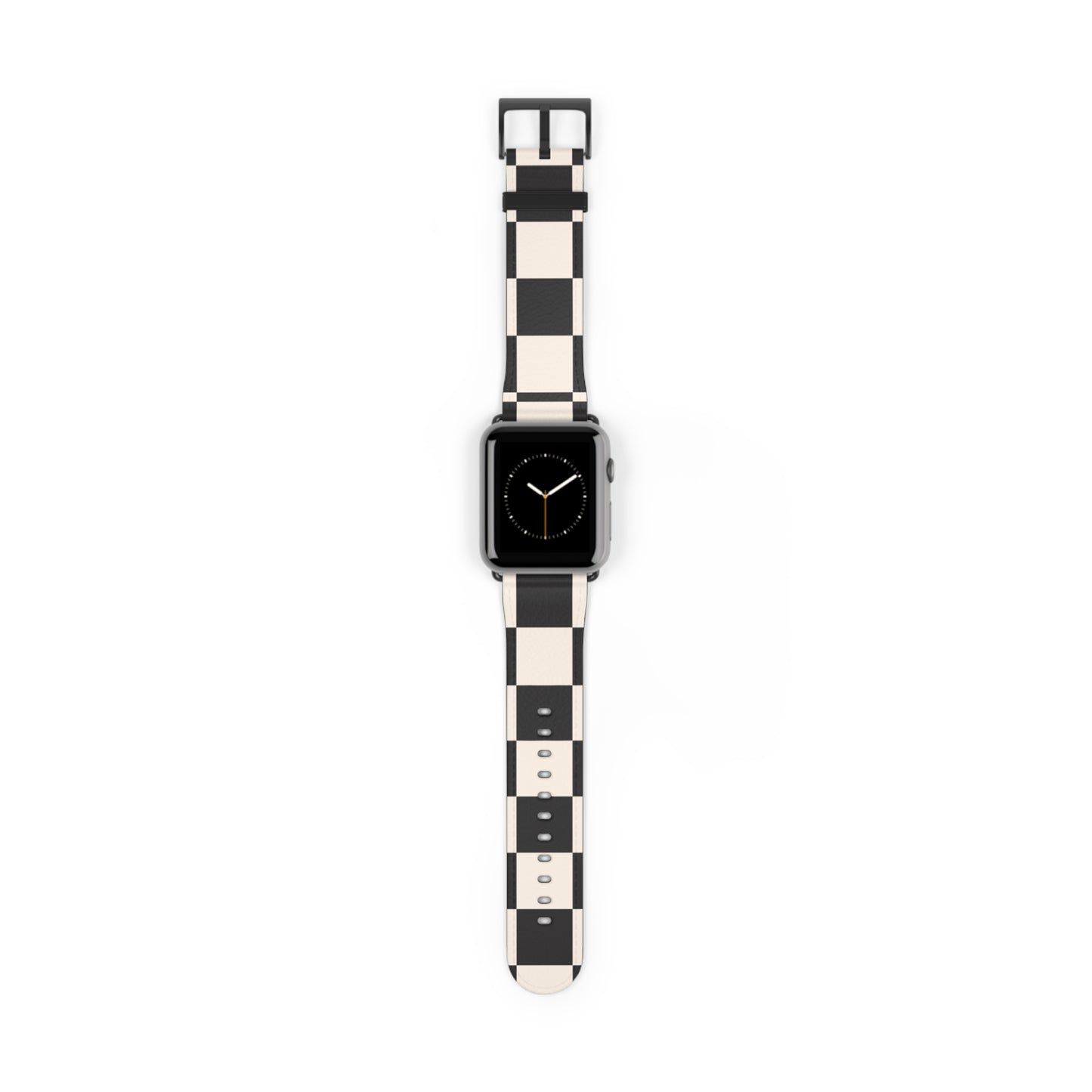 Apple Watch band in black and ivory chequered faux-leather, classic accessory for men and women, stainless steel buckle