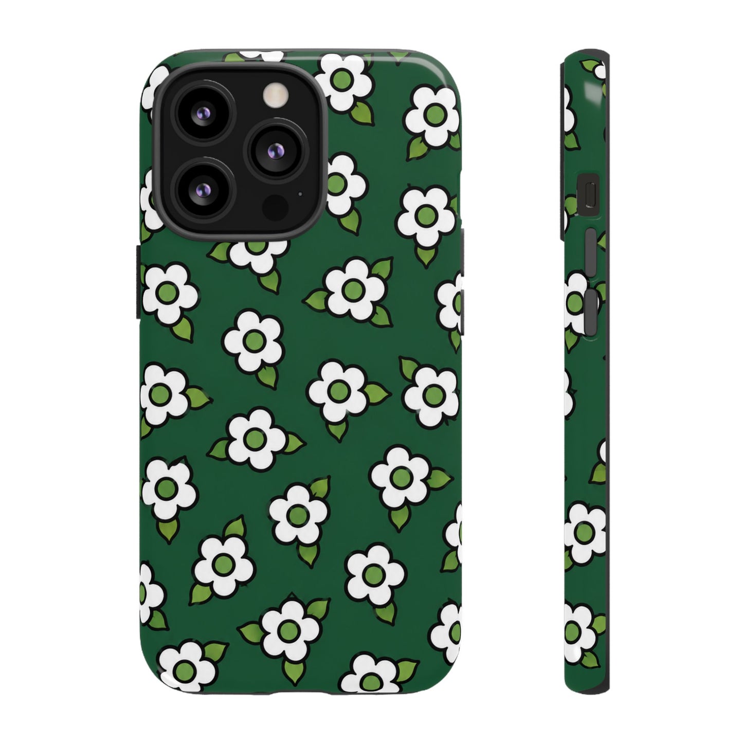 Floral Tough Case — Green White Daisy Protective Phone Cover