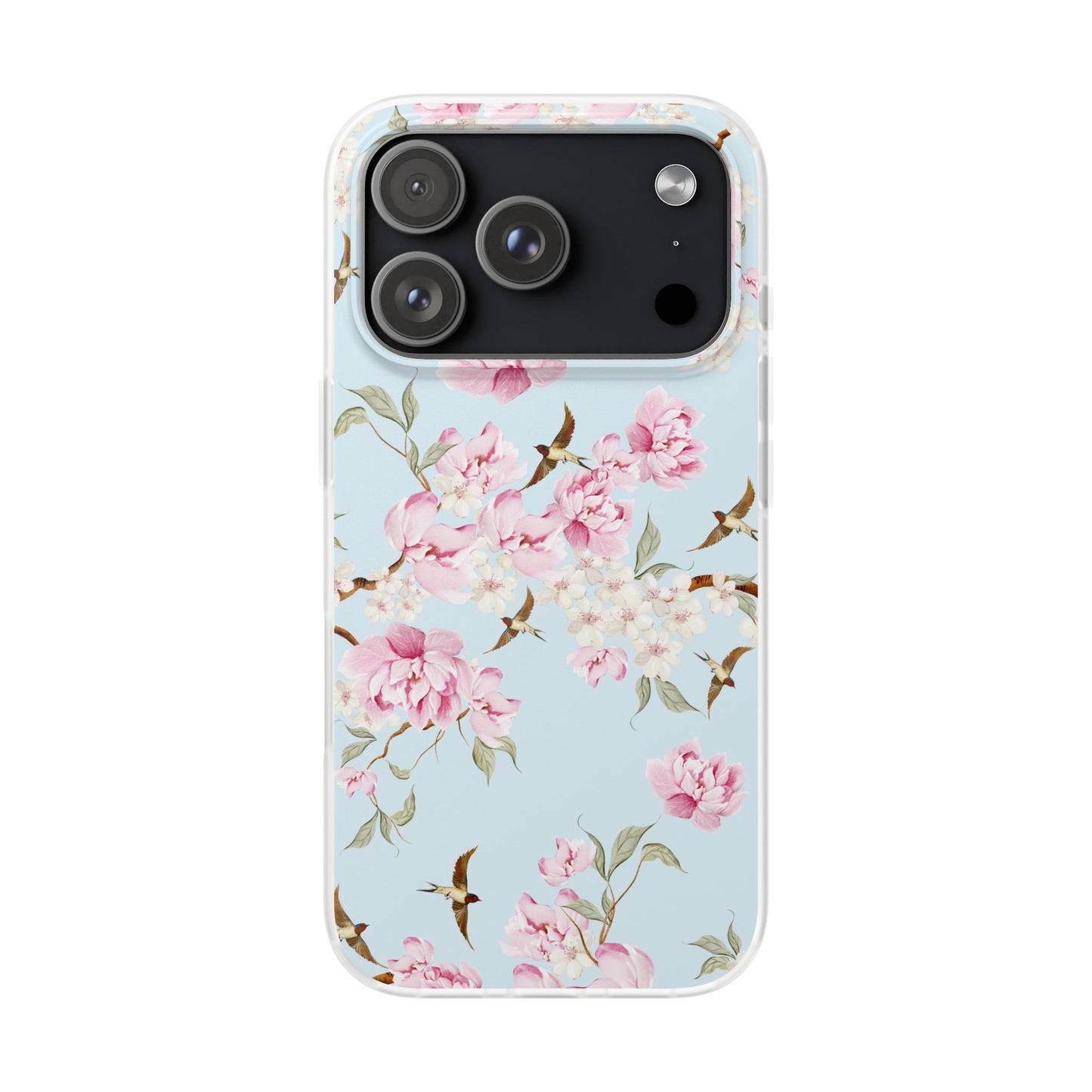 Floral Cherry Blossom Flexi Phone Case - Pink Blossoms on Sky Blue Flexible Case for Apple iPhone, Samsung Galaxy.