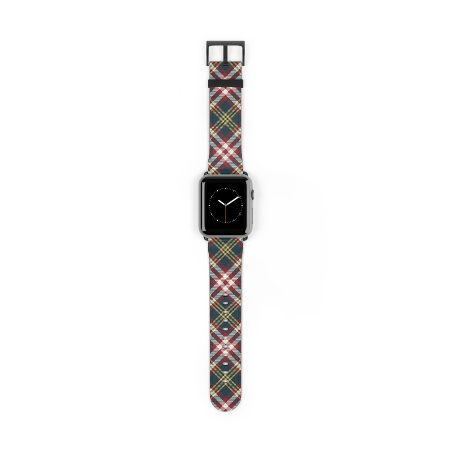 Plaid watch band in classic red and green tartan, cozy accessory for Apple Watch, stainless steel buckle, autumn style