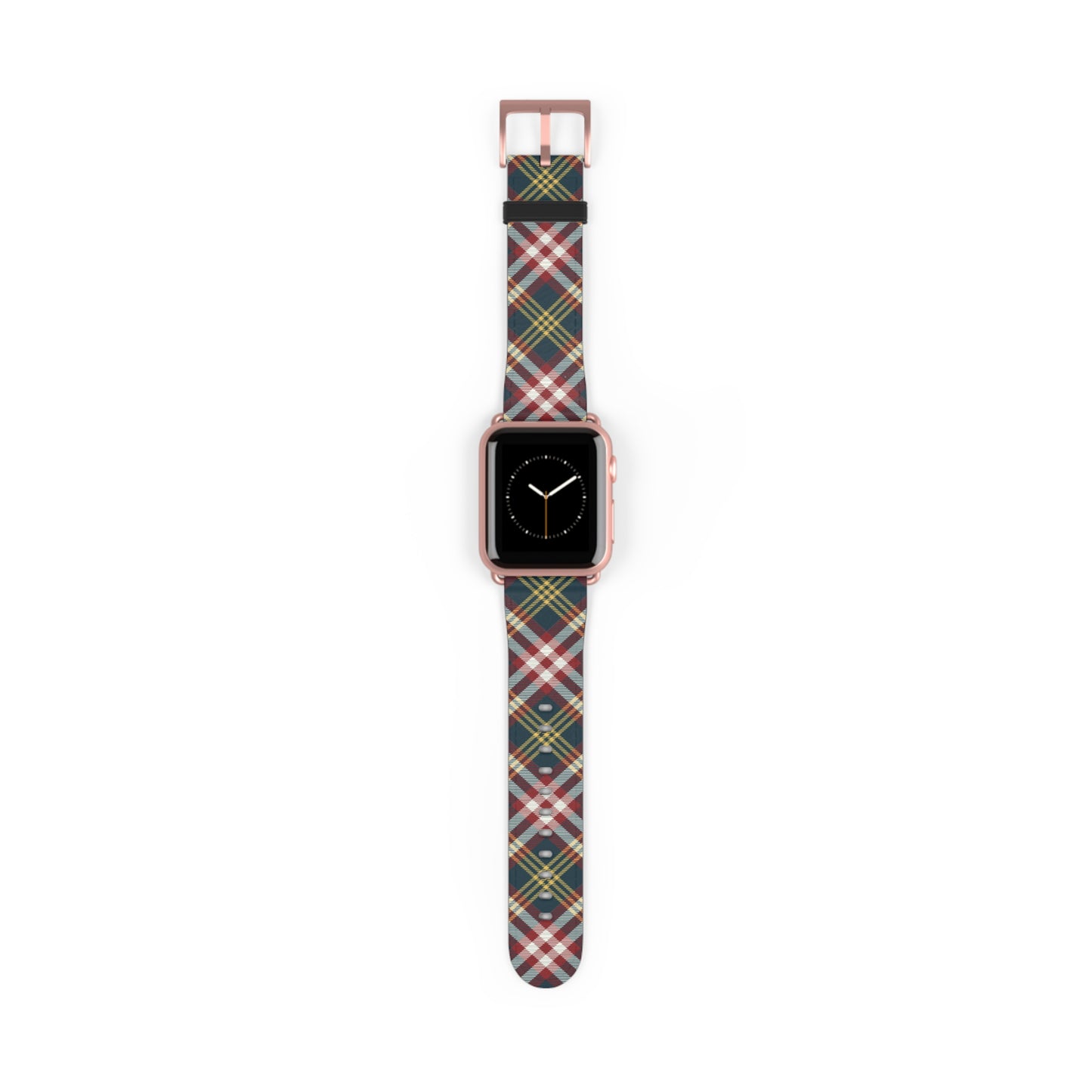 Plaid watch band in classic red and green tartan, cozy accessory for Apple Watch, stainless steel buckle, autumn style