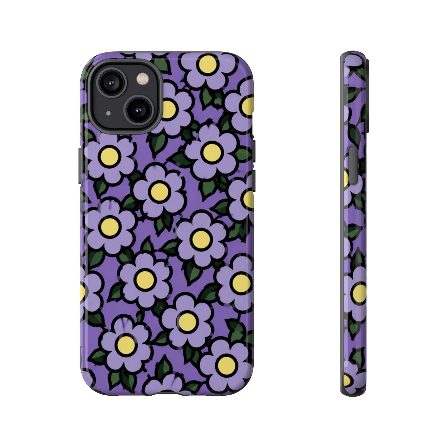 Purple Floral Tough Phone Case — Durable Protective Phone Cover with Cute Daisy Pattern