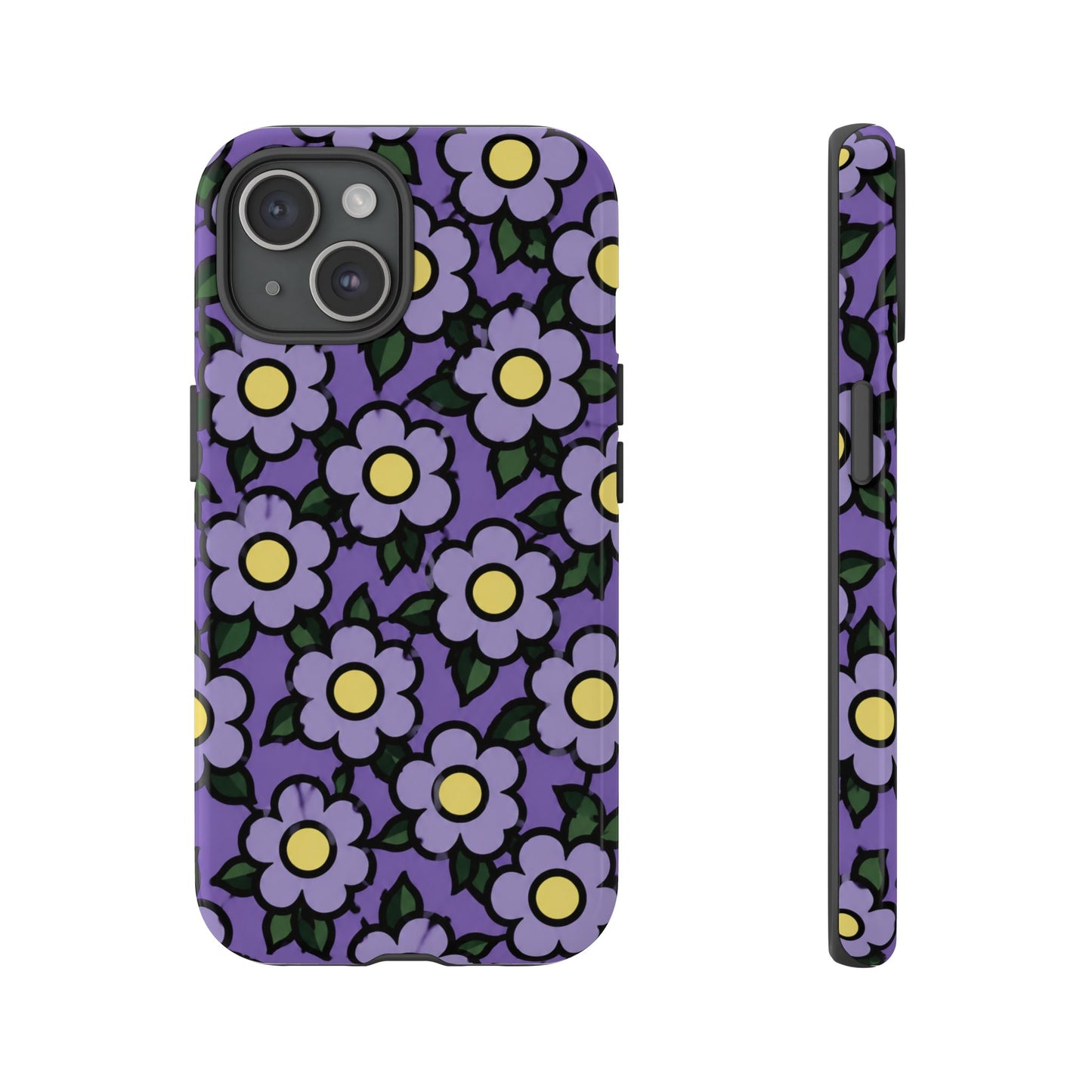 Purple Floral Tough Phone Case — Durable Protective Phone Cover with Cute Daisy Pattern