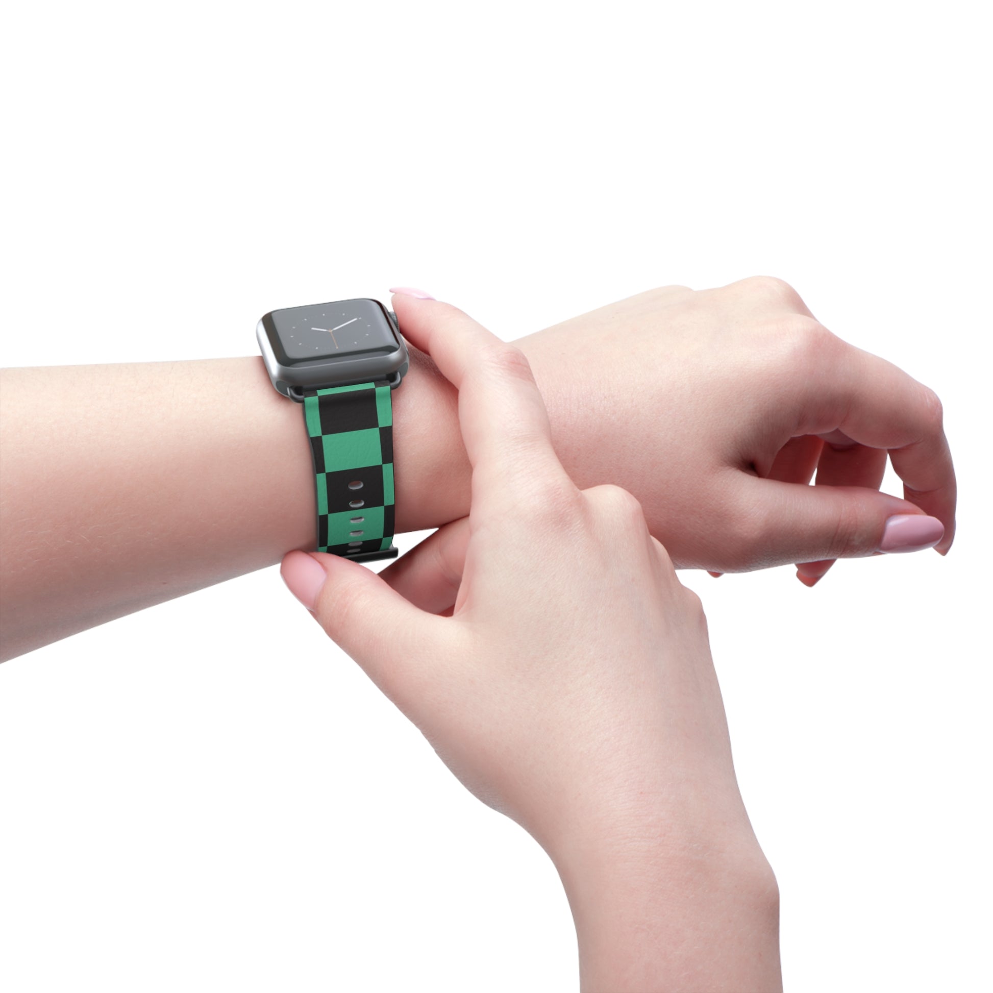 Tanjiro Apple Watch band with black and green chequered pattern, luxury faux-leather strap, fashion accessory