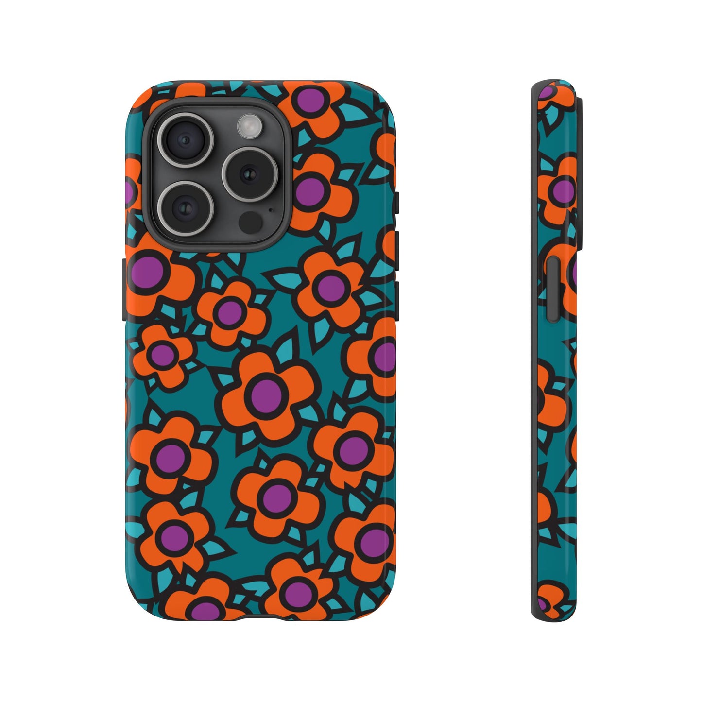 Floral Pop Tough Phone Case — Retro Orange & Teal Flower Pattern