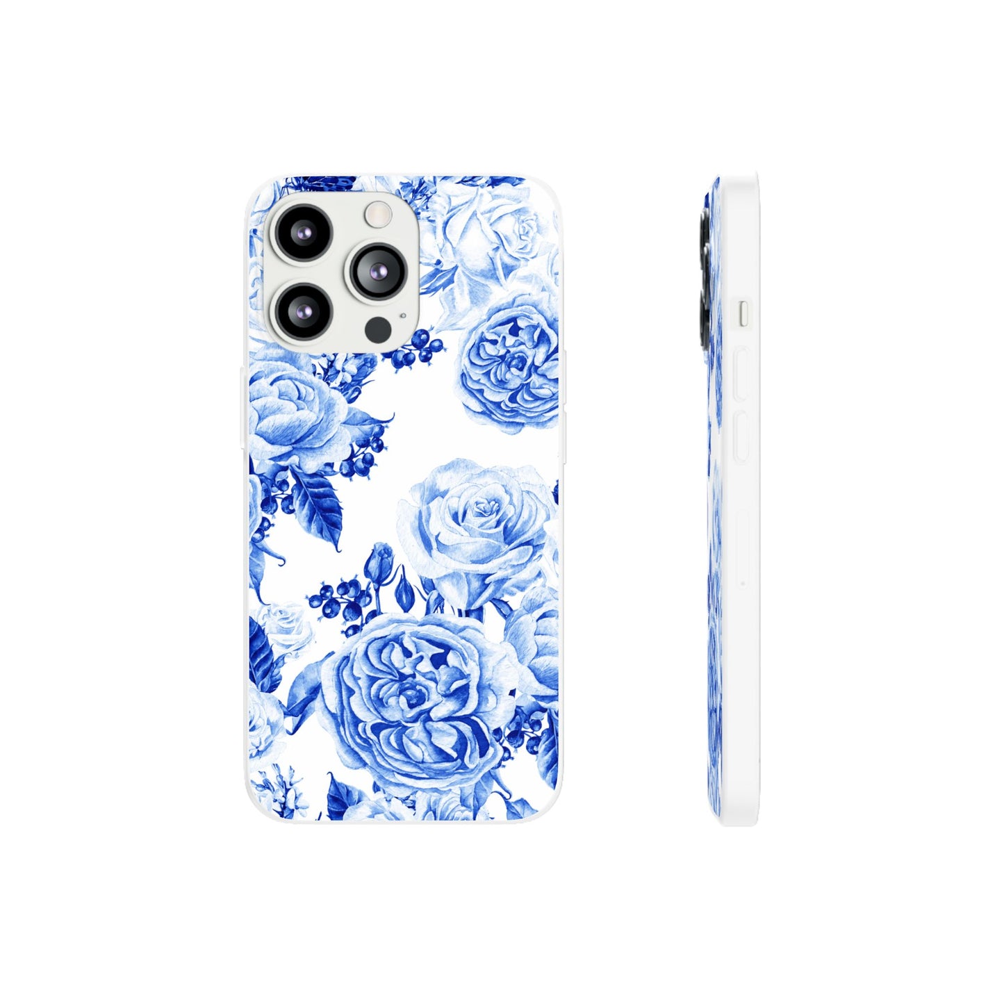 Blue Floral Phone Case — Hand-Painted Rose Pattern Flexi Case for Apple iPhone, Samsung Galaxy and Google Pixel.