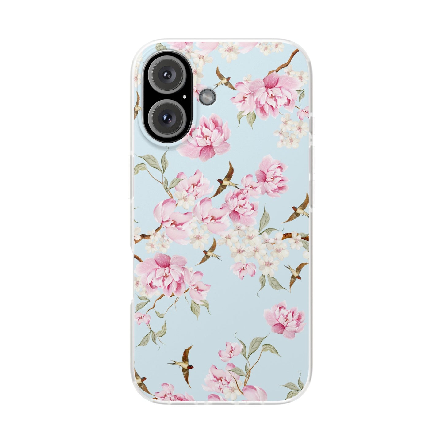 Floral Cherry Blossom Flexi Phone Case - Pink Blossoms on Sky Blue Flexible Case for Apple iPhone, Samsung Galaxy.