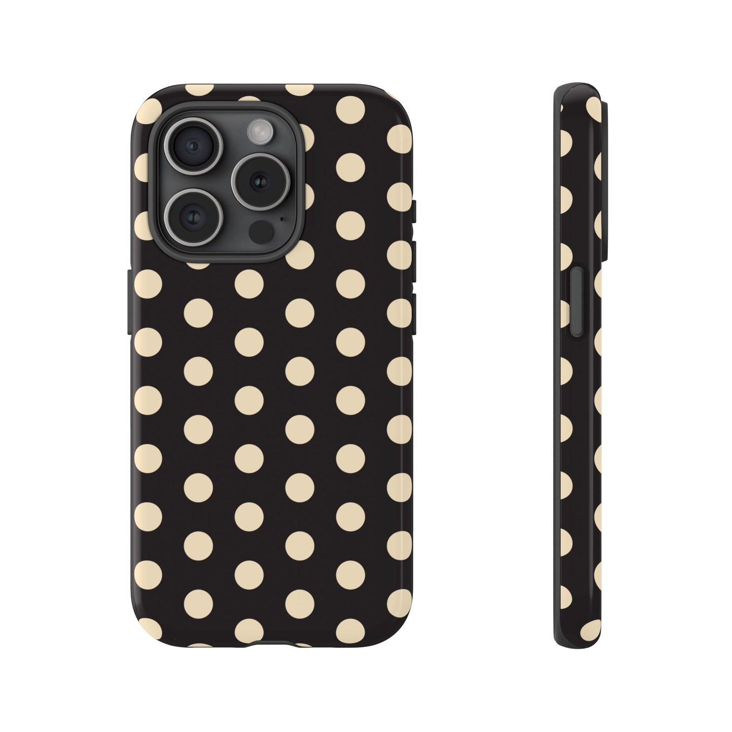 Polka Dot Tough Phone Case — Black with Cream Dots, Protective Slim Phone Cover